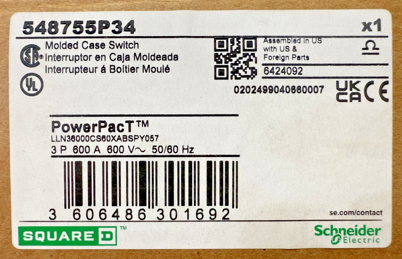 SQUARE D PowerPact LL 600 548755P34 Molded Case Switch 3P 600A – New Open Box