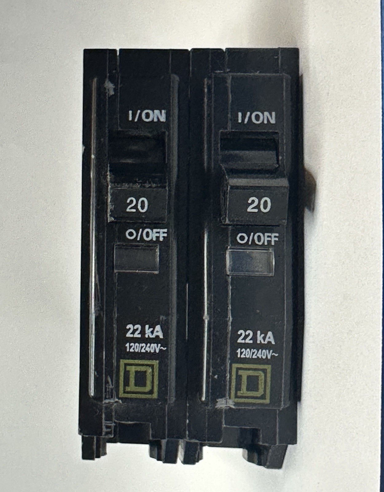 Lot of 2 Square D QOB 20A 1 Pole Bolt-On Breakers 22kA 120/240V