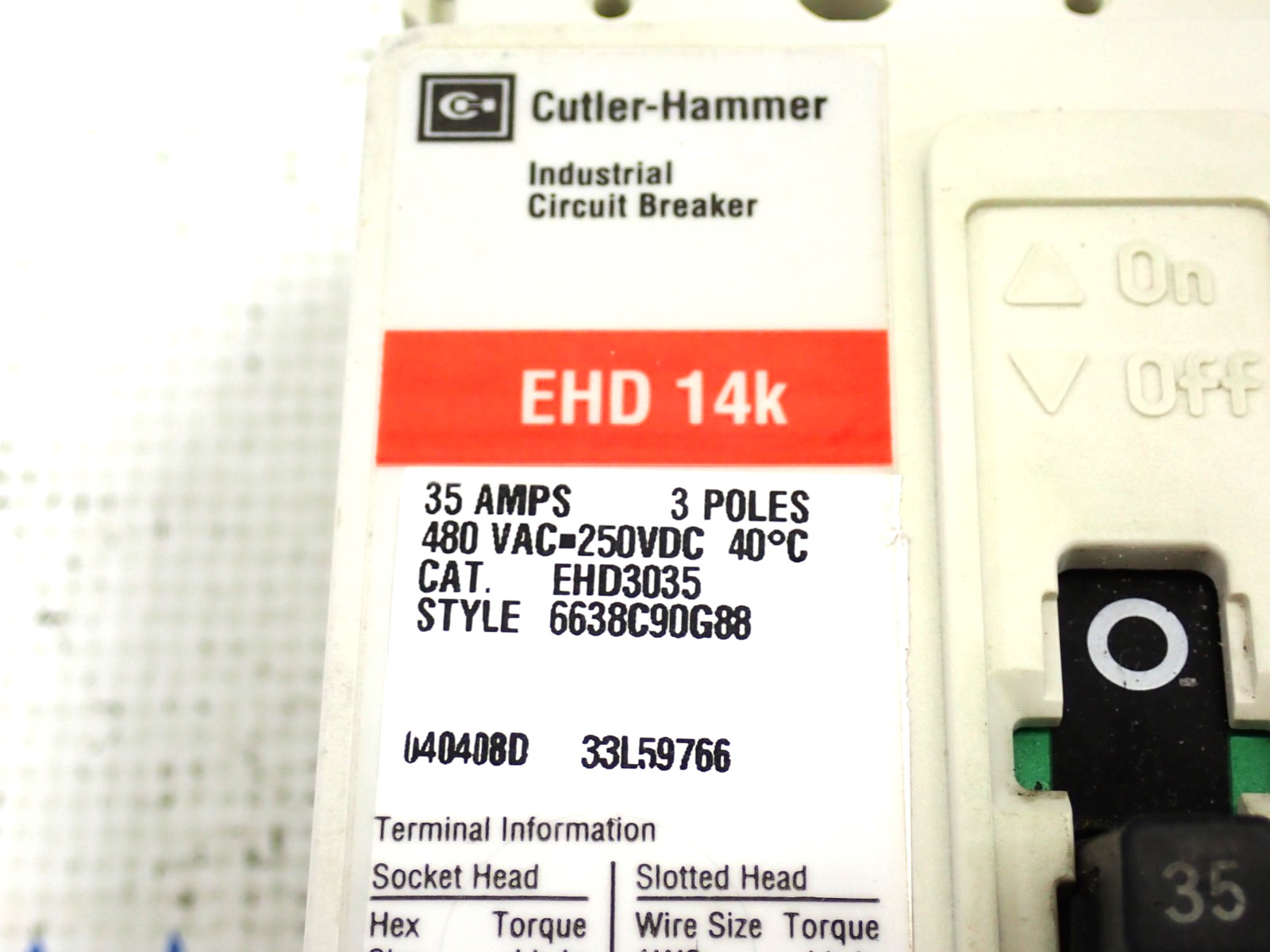 Cutler Hammer EHD3035 3 Pole 35 Amp 480 Volt Breaker W/ 48/127V Shunt Tested