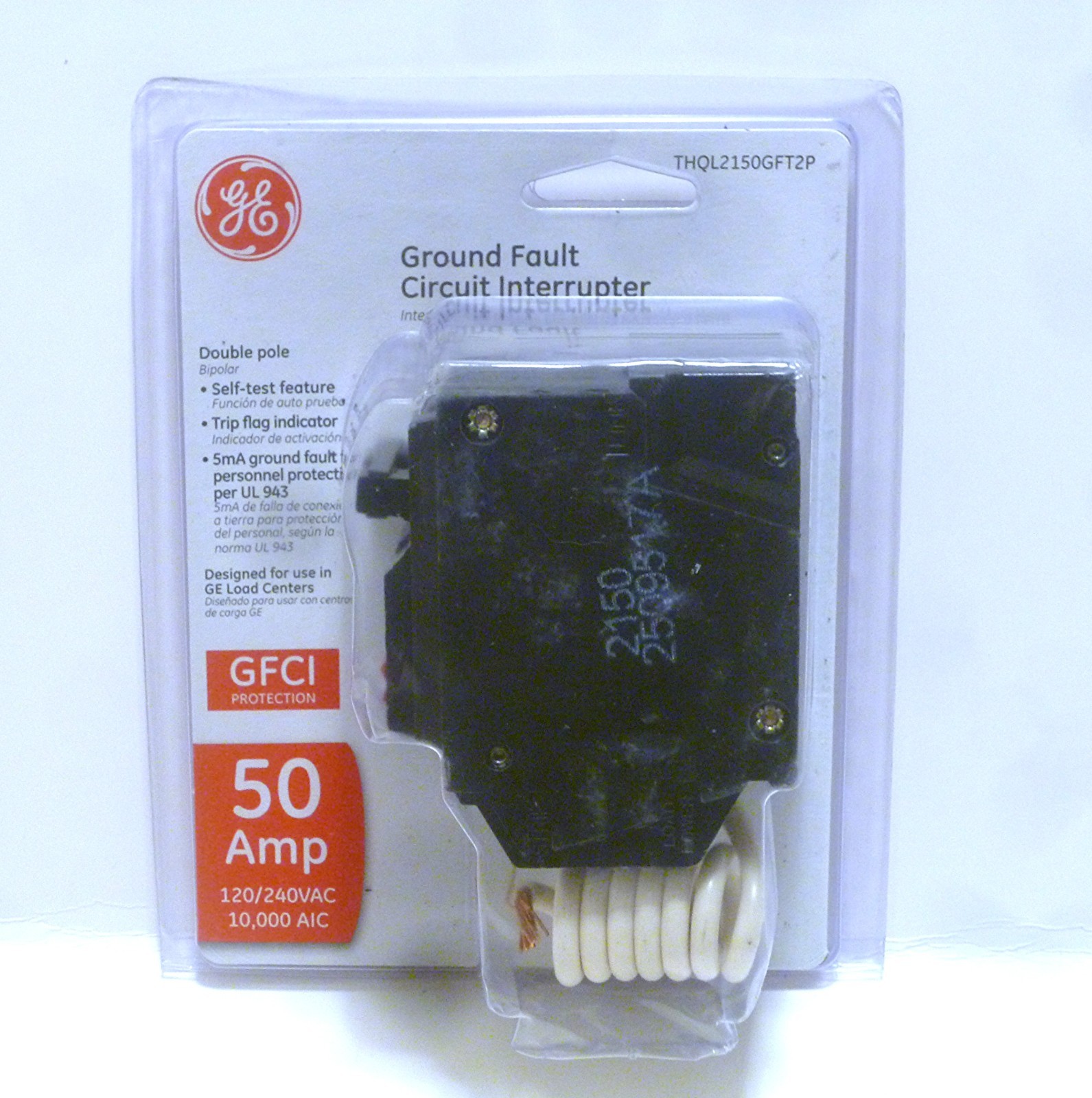 GE 50 Amp 240V Double Pole Ground Fault Breaker with Self-Test THQL2150GFT2P