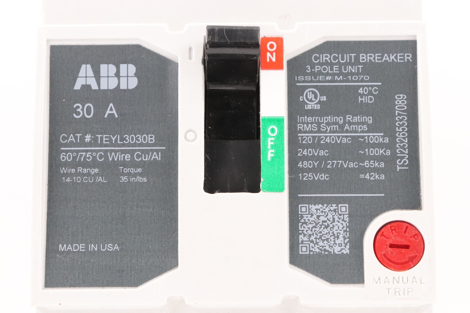 ABB/GE TEYL3030B 30A 3-POLE BOLT-ON CIRCUIT BREAKER, 65KA@480Y/277VAC HACR