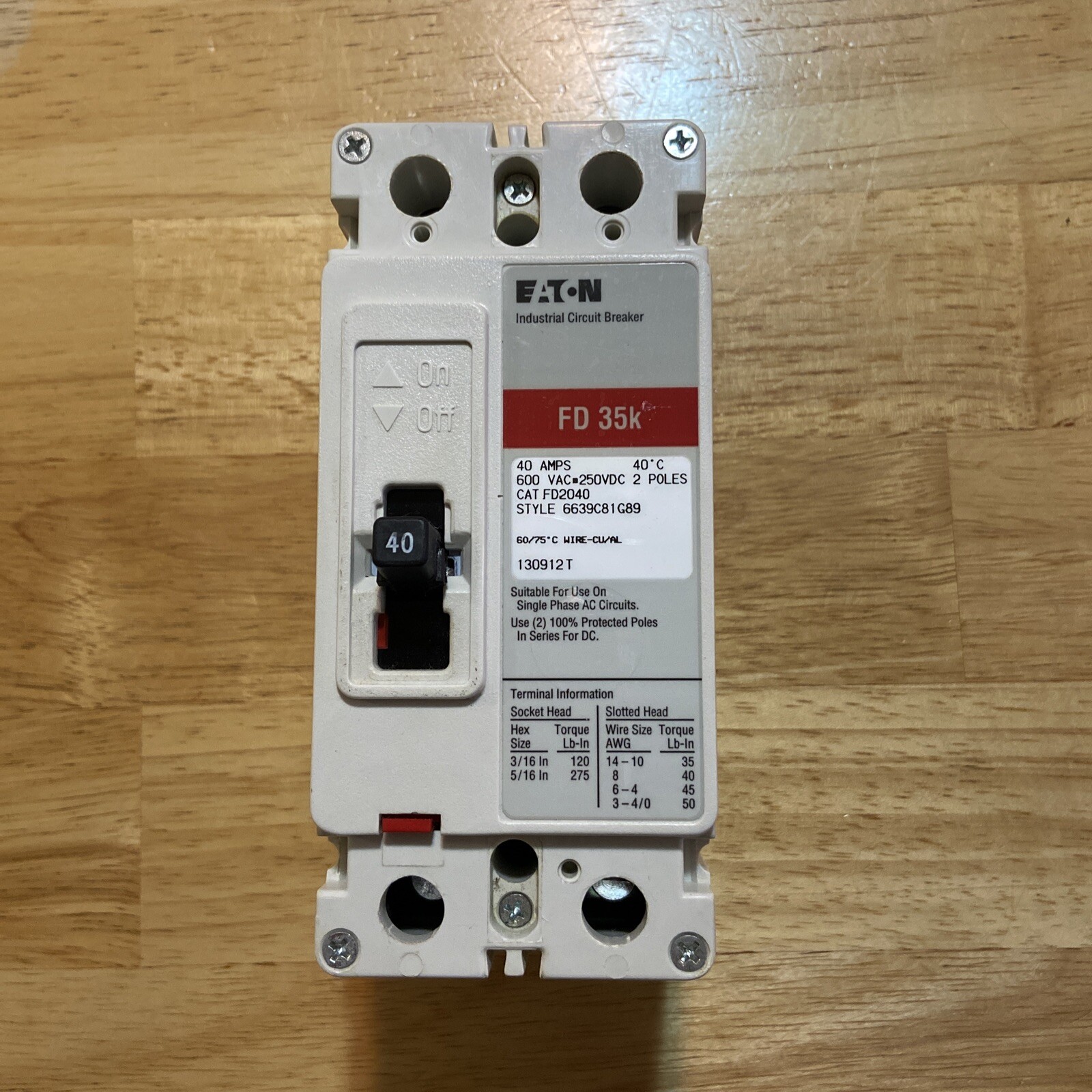 Eaton FD2040 FD 35K Molded Case Industrial Circuit Breaker 2 Pole 40A 600Vac