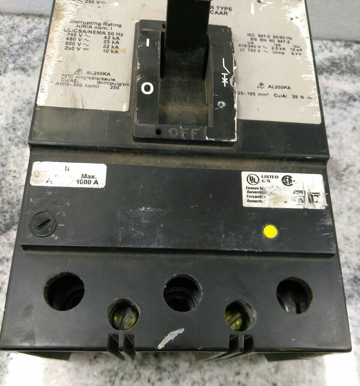 SQUARE D KAL36100 3P 600VA/250VD 100A AL250KA TYPE KAL Breaker/USE(33D3