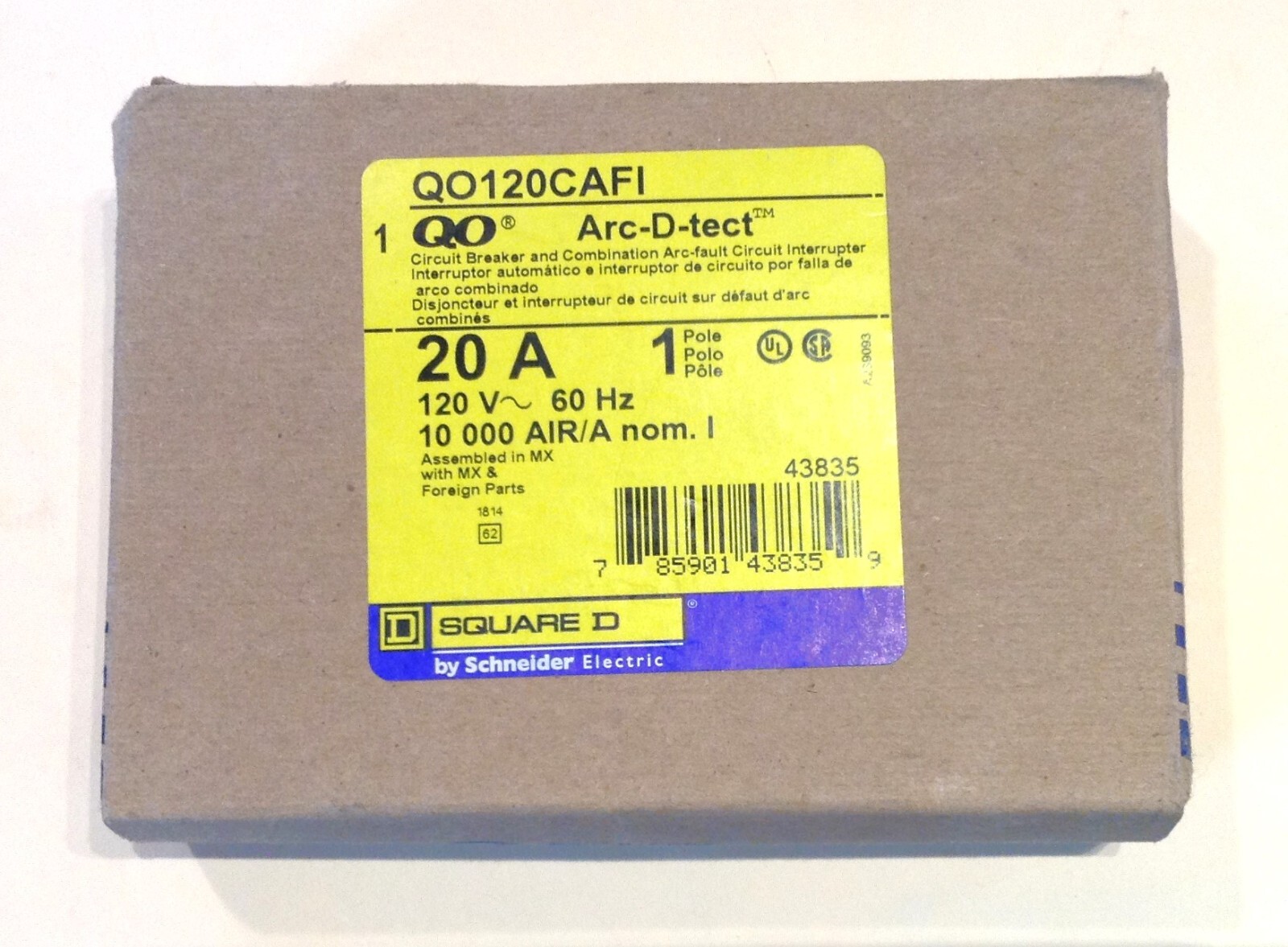 Square D QO120PCAFI Arc Fault Interrupter Circuit Breaker 20 Amp 1 Pole 120 Volt