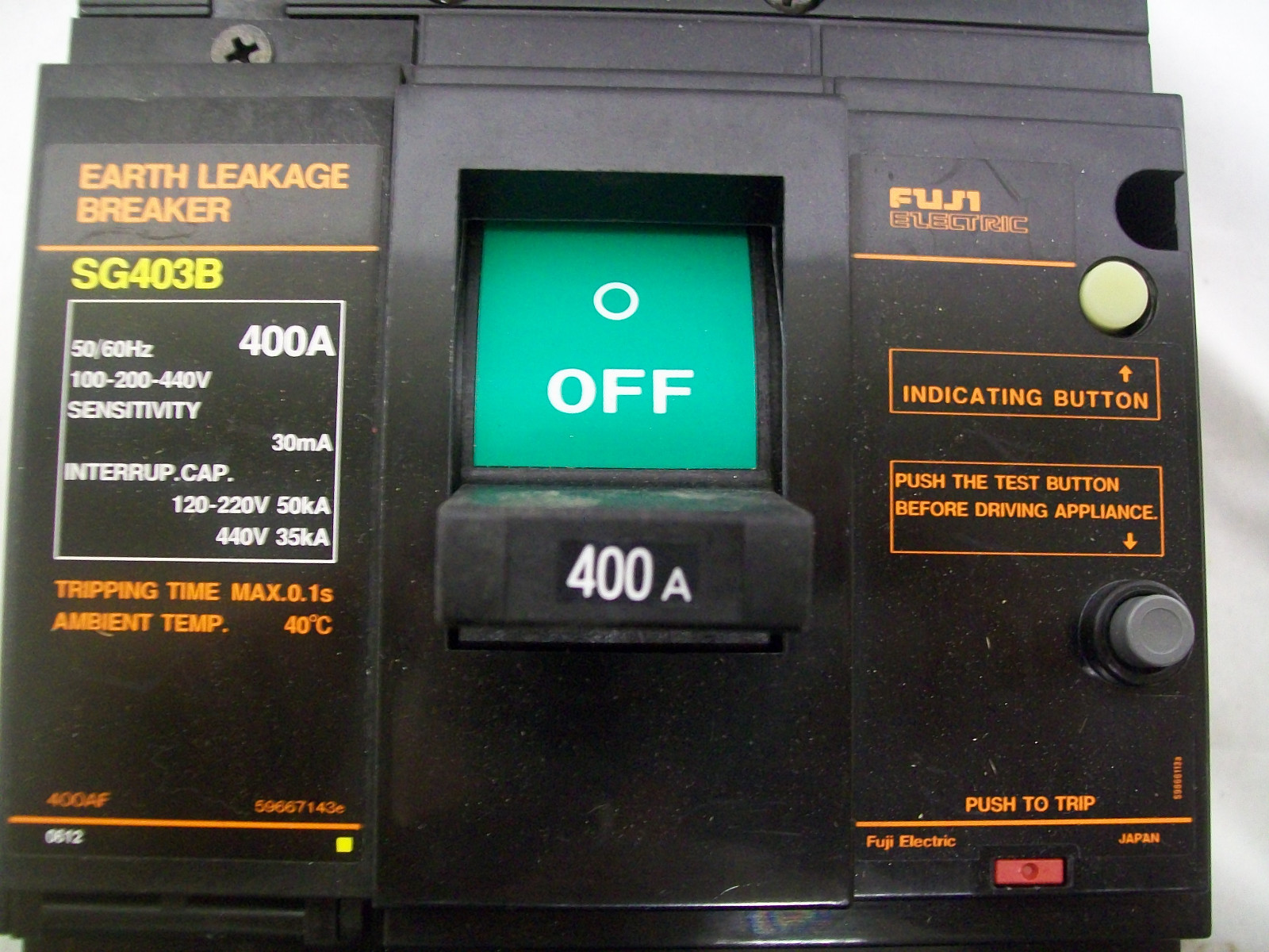 Fuji SG403B 400 Amp 3 Pole Earth Leakage Breaker 120-220V 50kA 440V 35kA 50/60