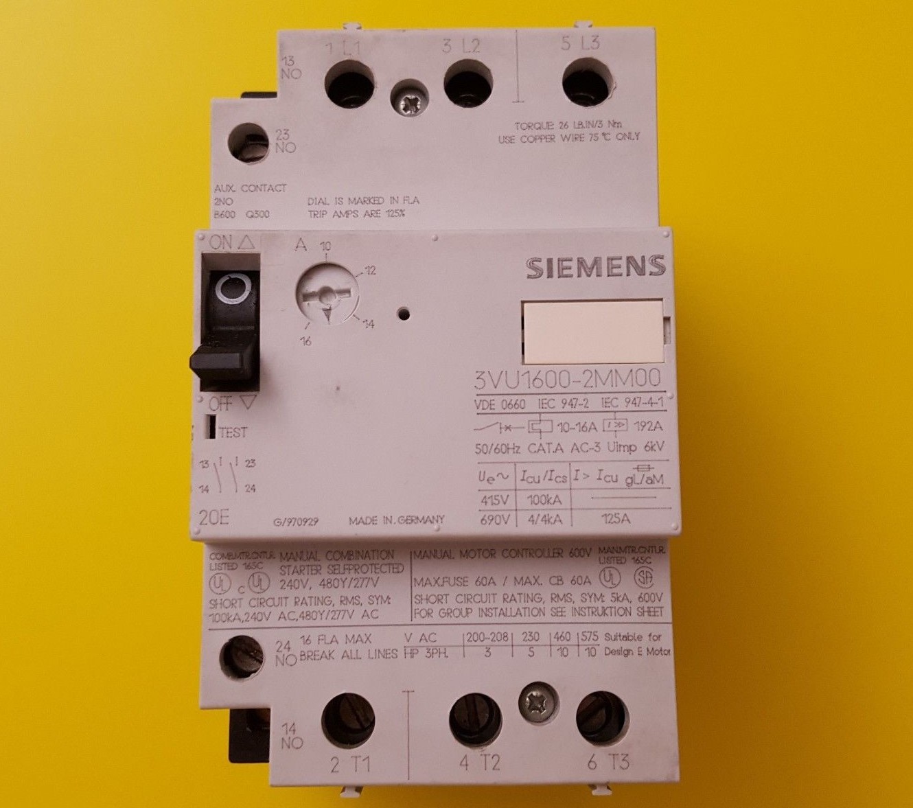 Siemens Circuit Breaker 3VU1600-2MM00 10-16A 3 Pole 600 V Aux. Contacts 2NO