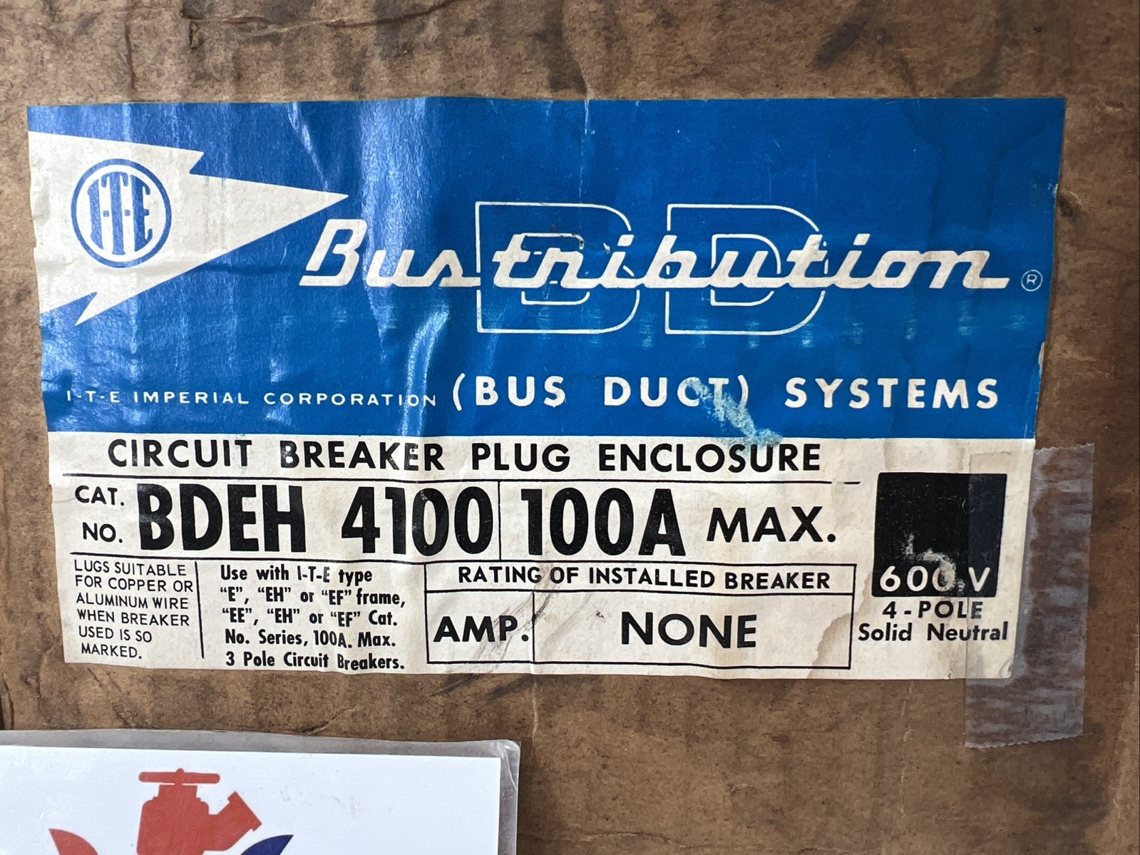 ITE BDEH 4100 Bustribution Circuit Breaker Plug Enclosure, 100A, 3Ø, 4P, 600V