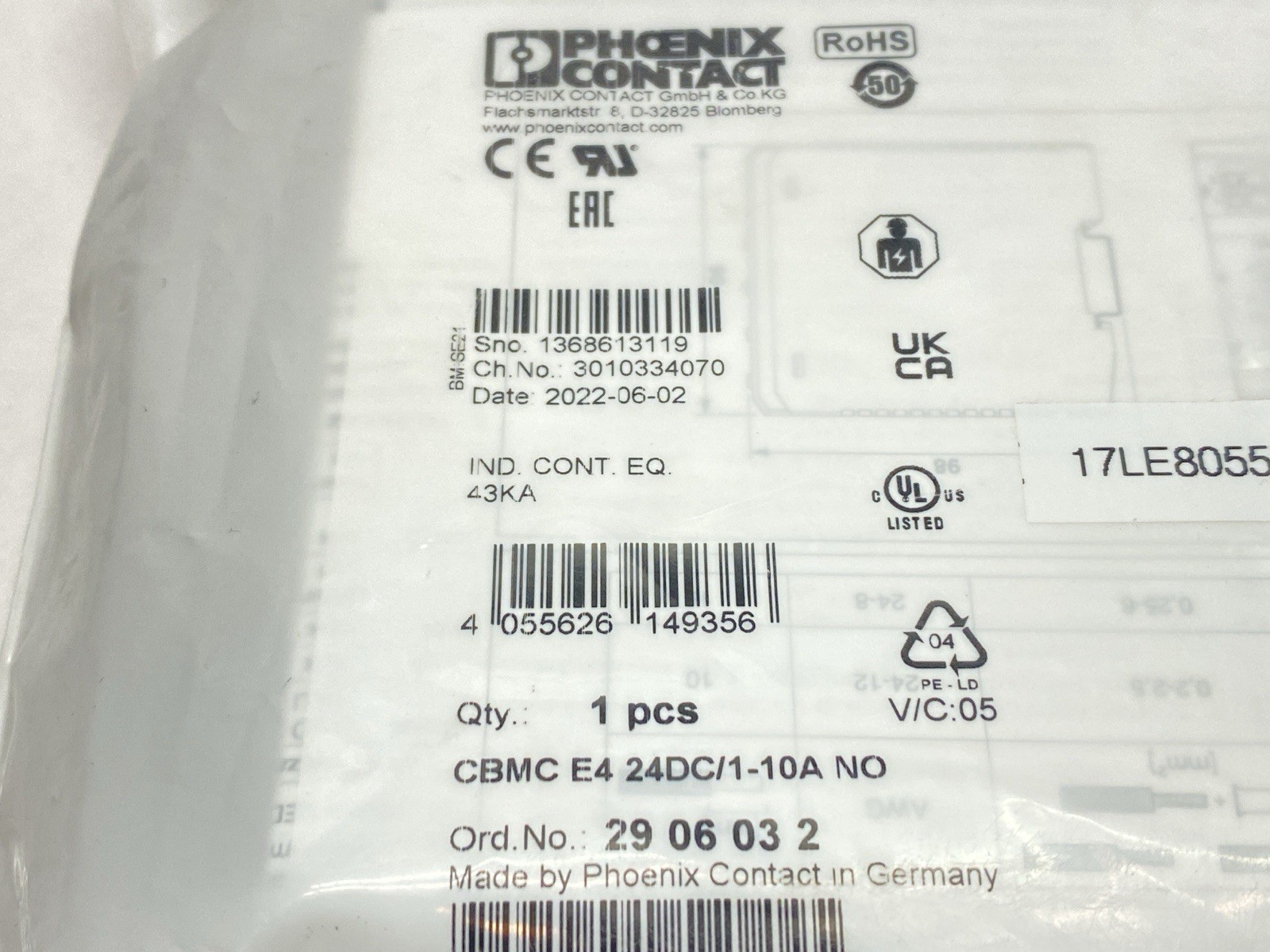 Phoenix Contact CBMC E4 24DC/1-10A NO Electronic Circuit Breaker 2906032