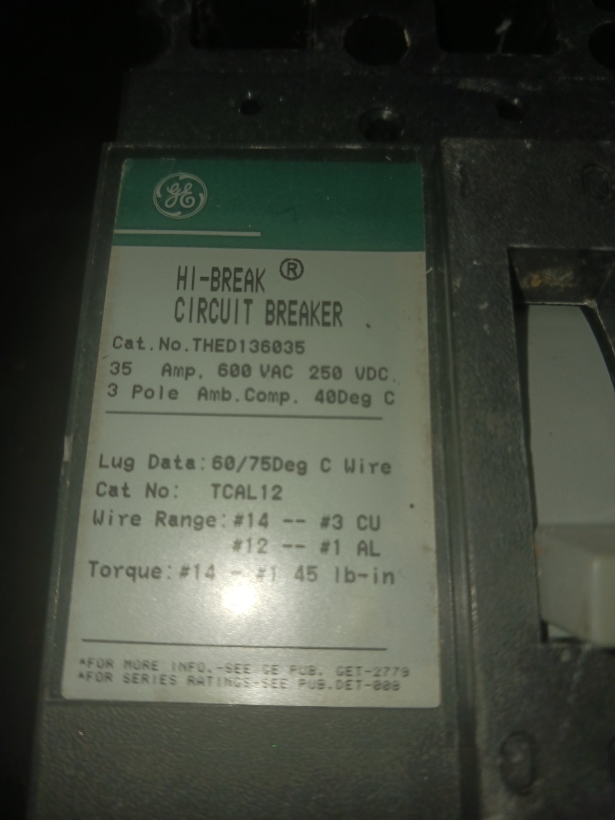 GE HI-BREAK THED136045 BREAKER 45A 600V 3P