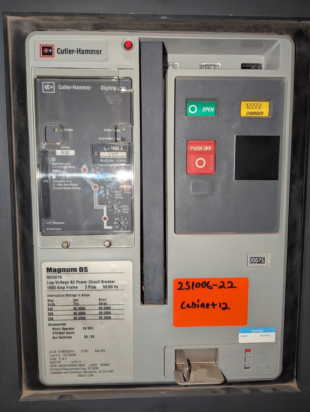 EATON CUTLER-HAMMER MAGNUM DS MDS6163WEA 1600AMP LOW VOLTAGE AC CIRCUIT BREAKER