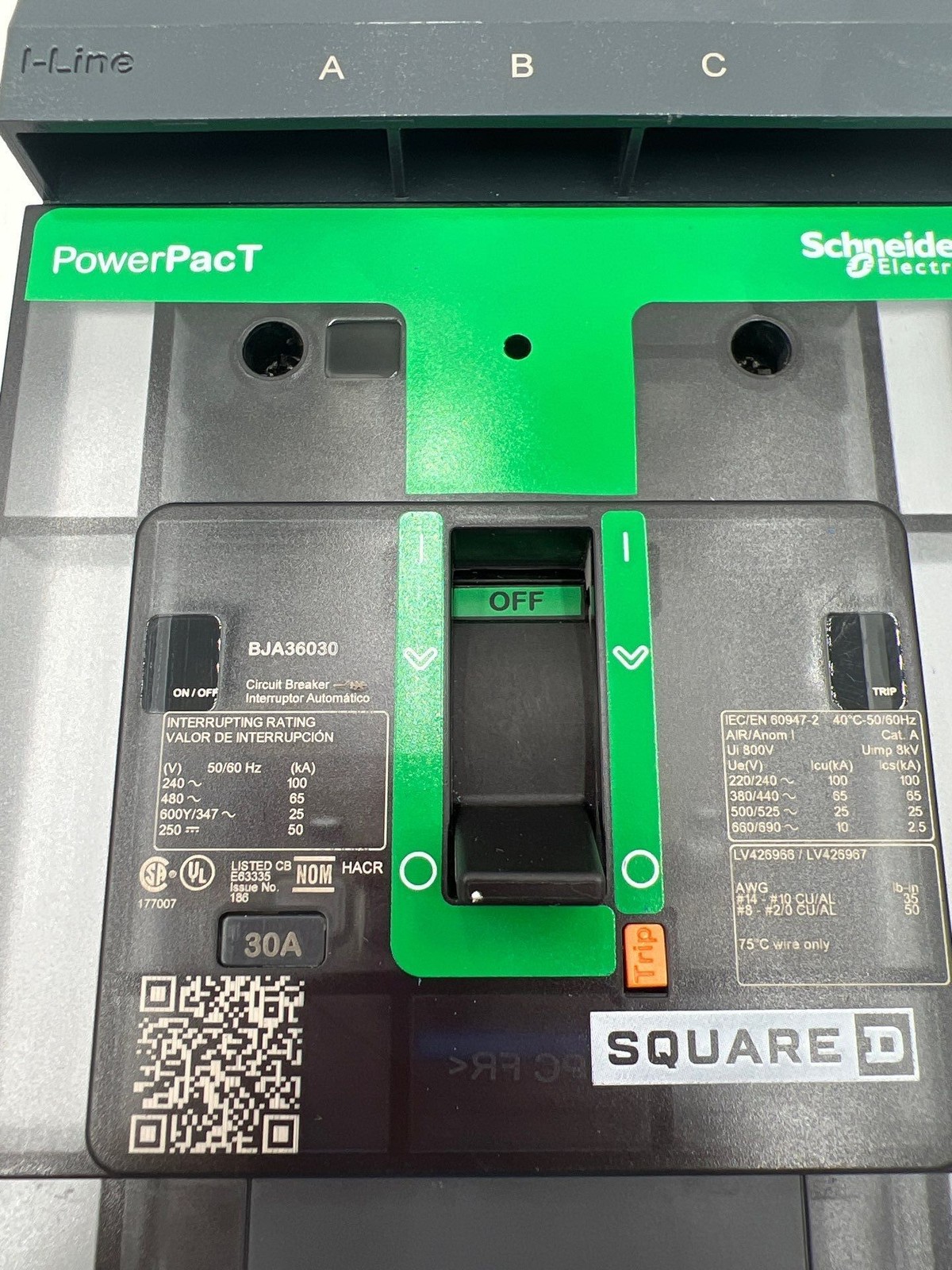 SQD BJA36030 I-Line Circuit Breaker 30A 480V 3P BJA 30 Amp 3 Pole