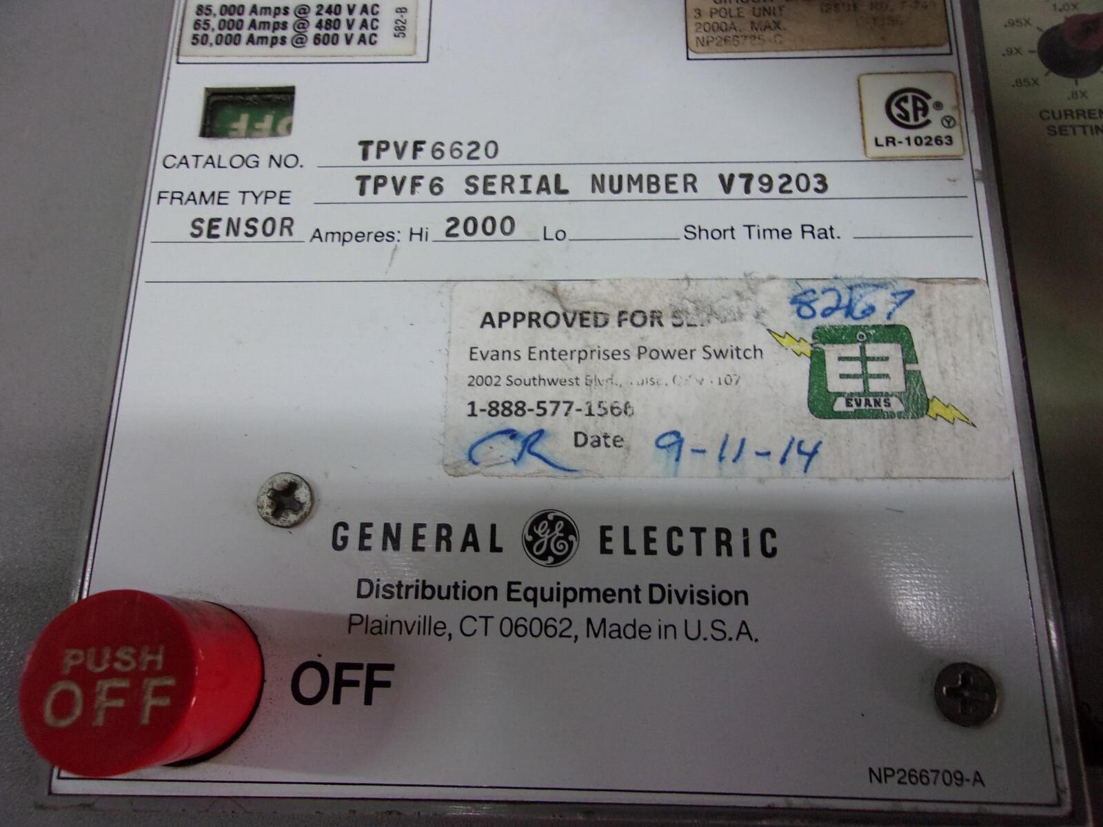 GE TPVF6620 2000A POWER BREAK CIRCUIT BREAKER, 0382A