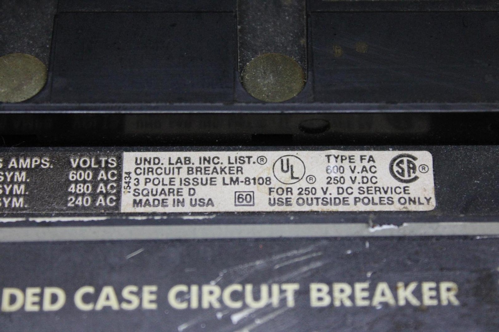 SQUARE D I-LINE CIRCUIT BREAKER FA36100 100 AMP 600 VOLT 3-POLE