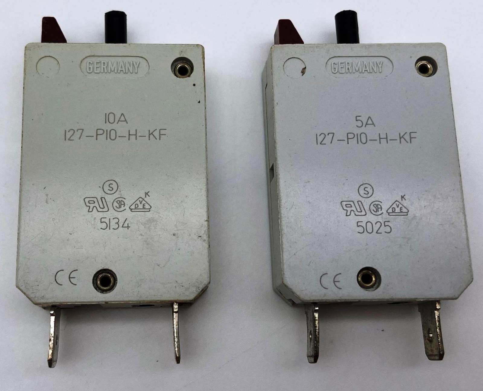 Qty 7 Assorted, E-T-A 12-P10-H-KF Resettable Circuit Breakers, 250VAC, 28VDC ETA