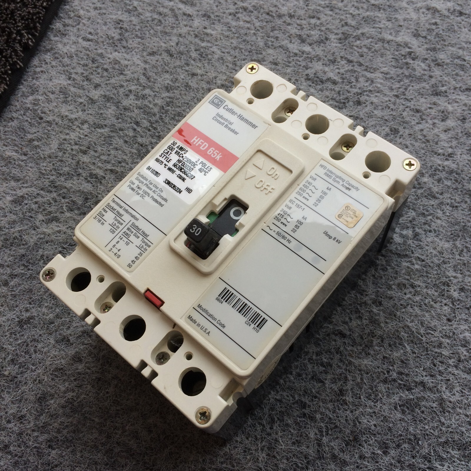 Cutler Hammer HFD3030 30A Circuit Breaker Glossy Red 600V 30 Amp Eaton