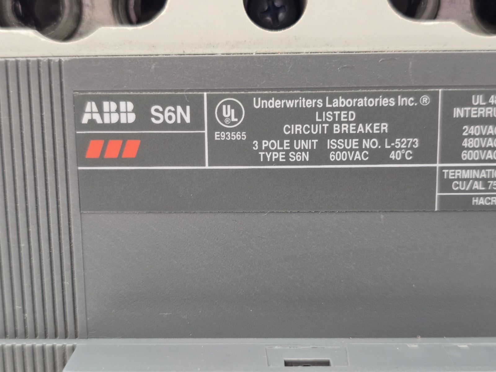 ABB S6N600BH0ASB Sace S6 Bolt On Circuit Breaker 600A 600VAC 3P HACR Shunt Trip