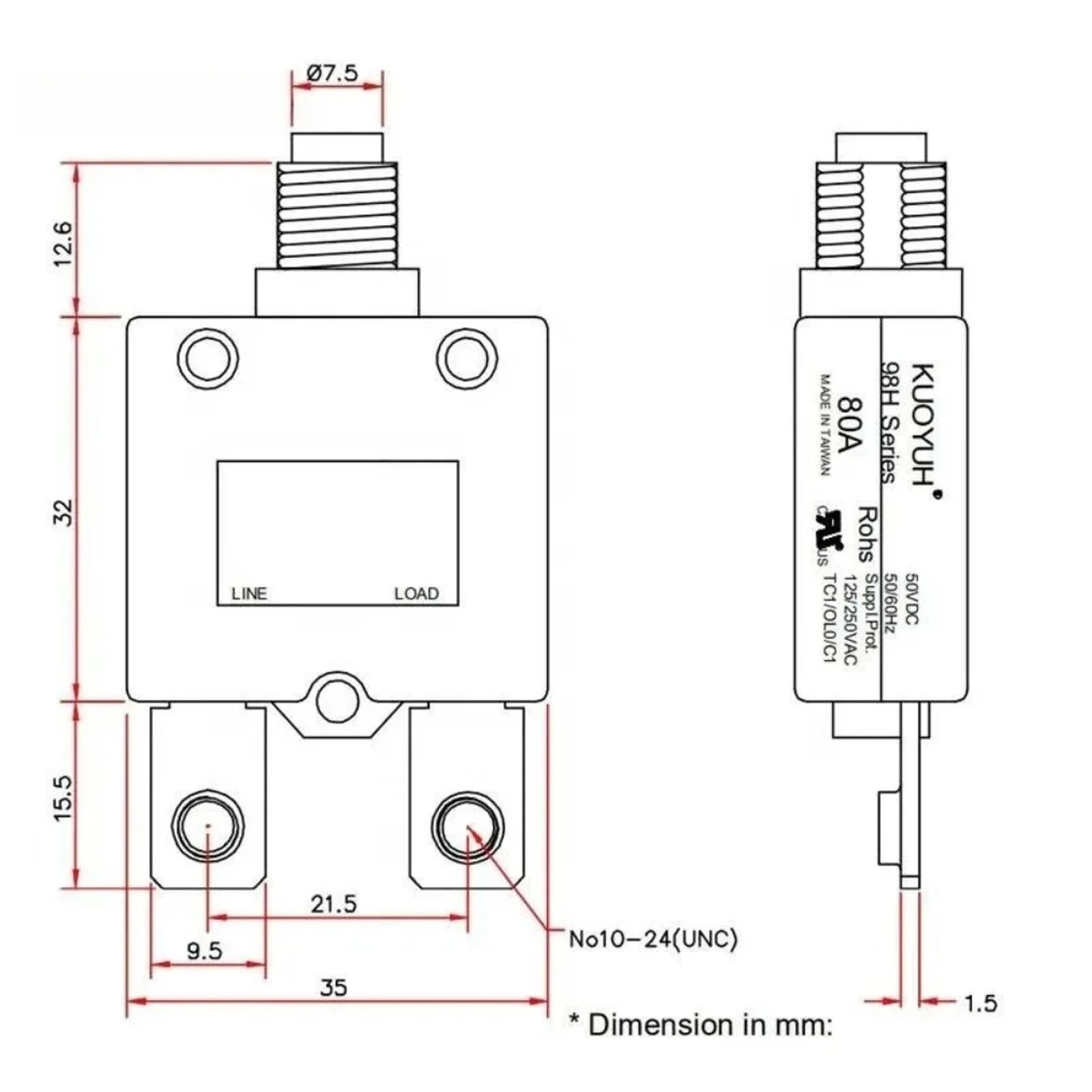 Universal 25 Amp Push Button Thermal Circuit Breaker 12-50V DC 125-250V Volt