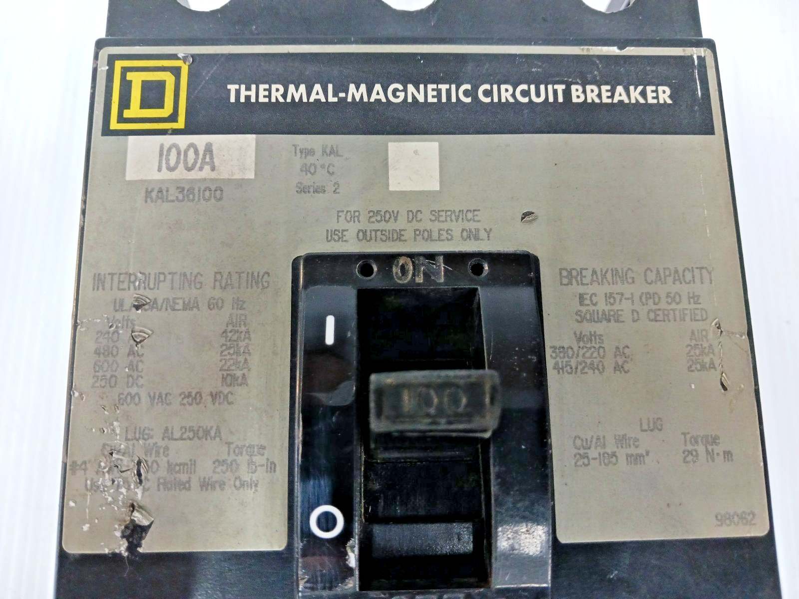 Square D 100 Amp Thermal-Magnetic Circuit Breaker 3 Pole 600 VAC 25kA KAL36100