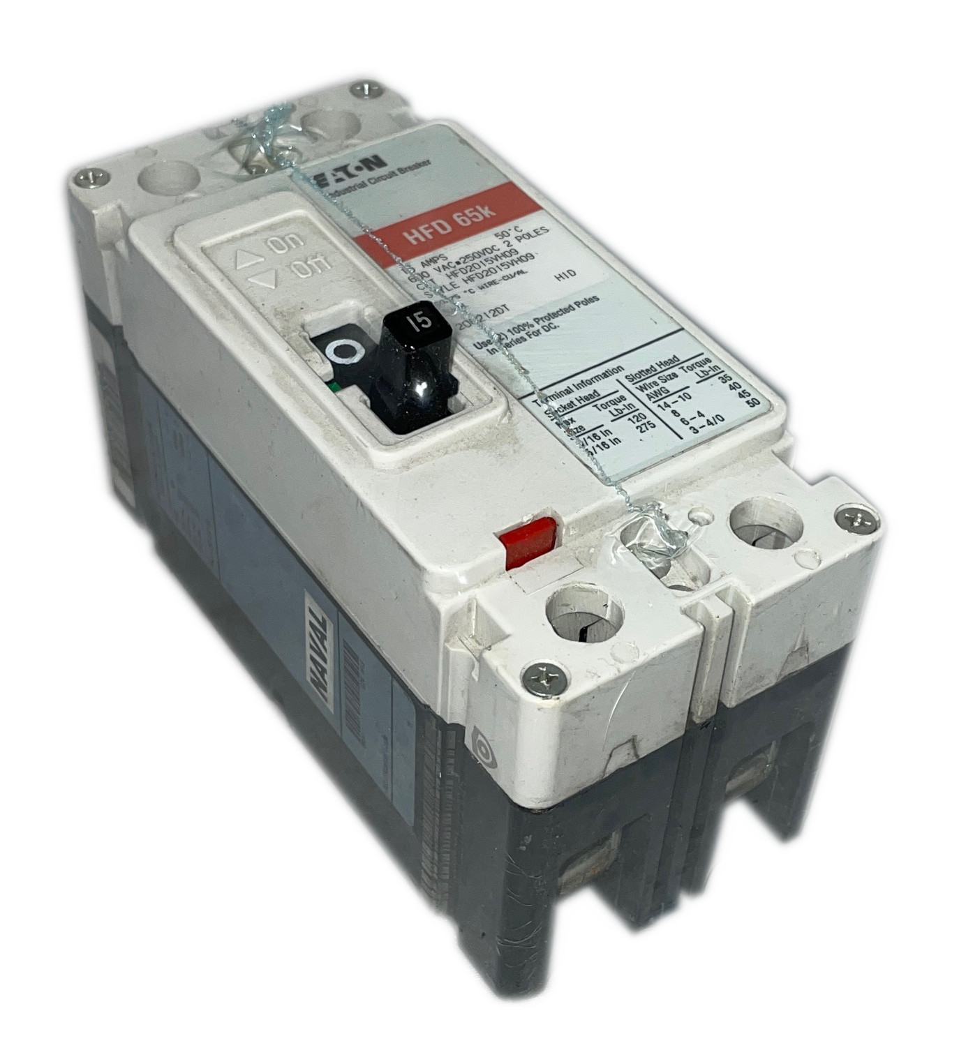 Eaton HFD2015VH09 Circuit Breaker, 2P, 15 A, 600Vac, Marine 50°C, Load Side Lugs