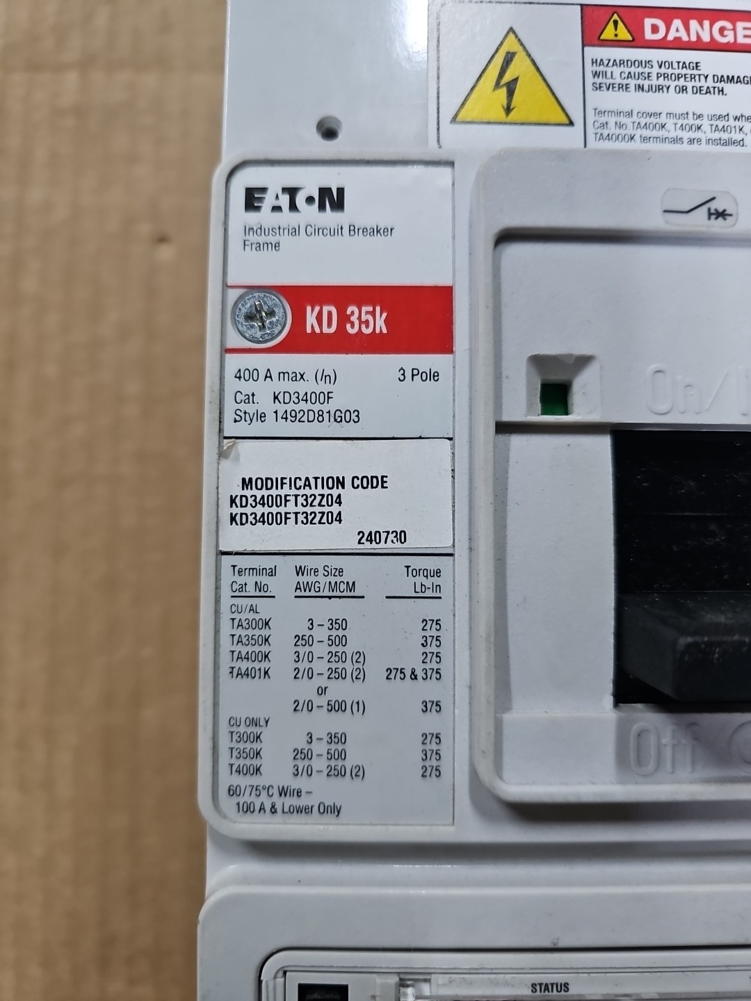 Eaton KD3400 Molded Case Circuit Breaker 400A 3Phases 600V LSI TRIP KES3400LSI
