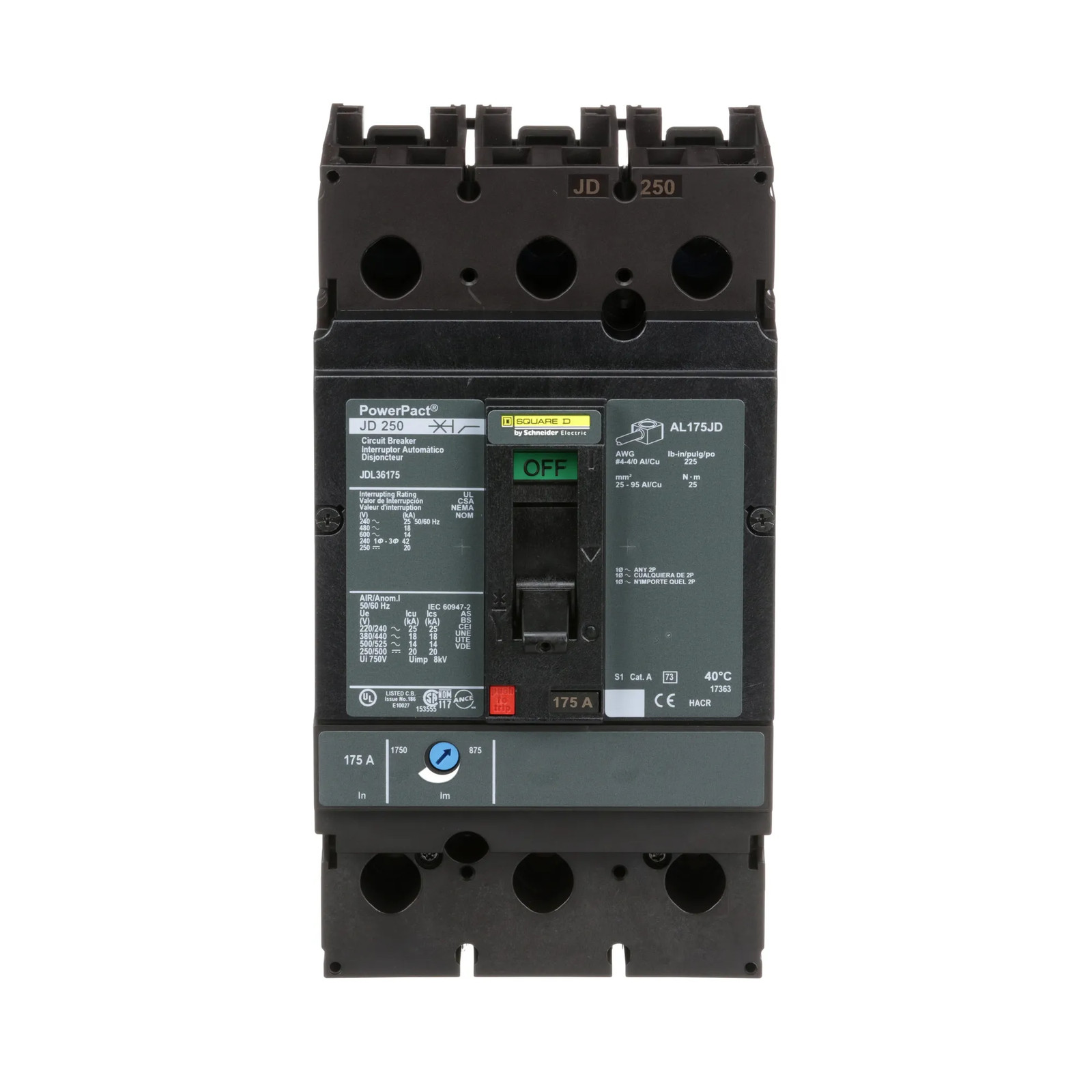 JDL36175 – Square D Bolt-On 600V 175A 3 pole circuit breaker 18kA@480V