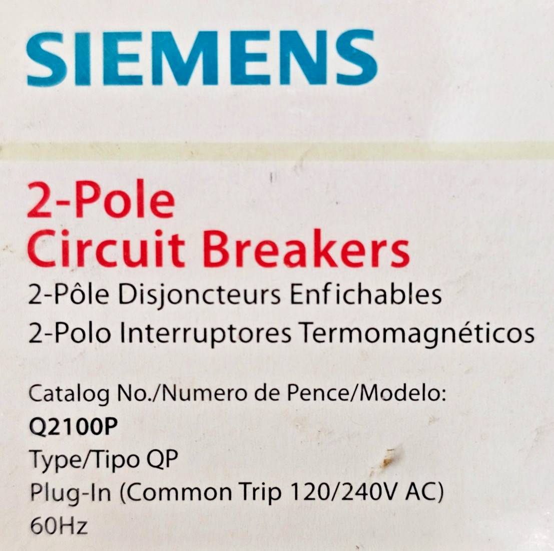 Siemens Q2100 100A 2 Pole 240V Circuit Breaker – Black