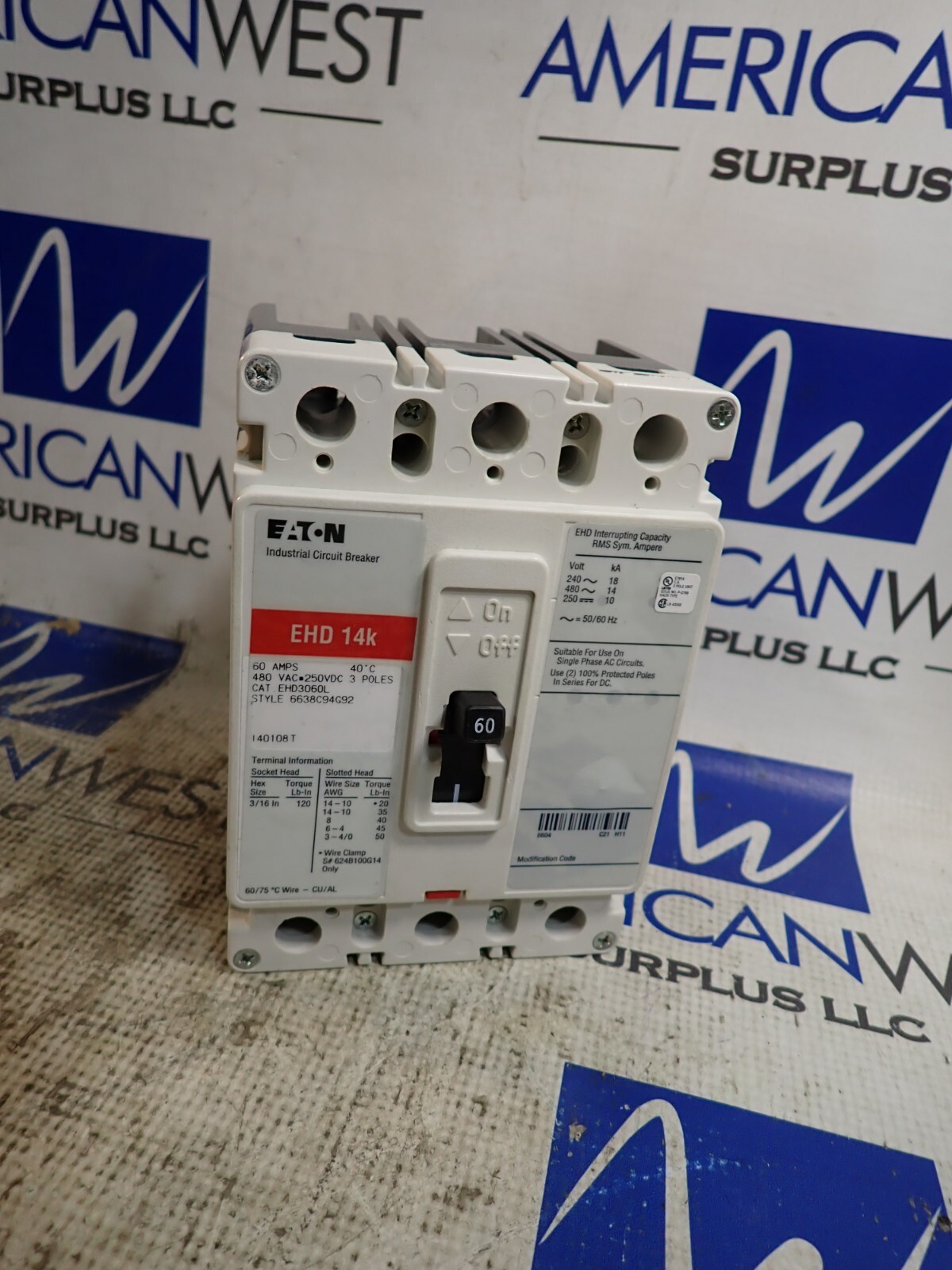 NEW in box EATON EHD3060 3 pole 60 amp 14kA 480 volt EHD Red Circuit Breaker