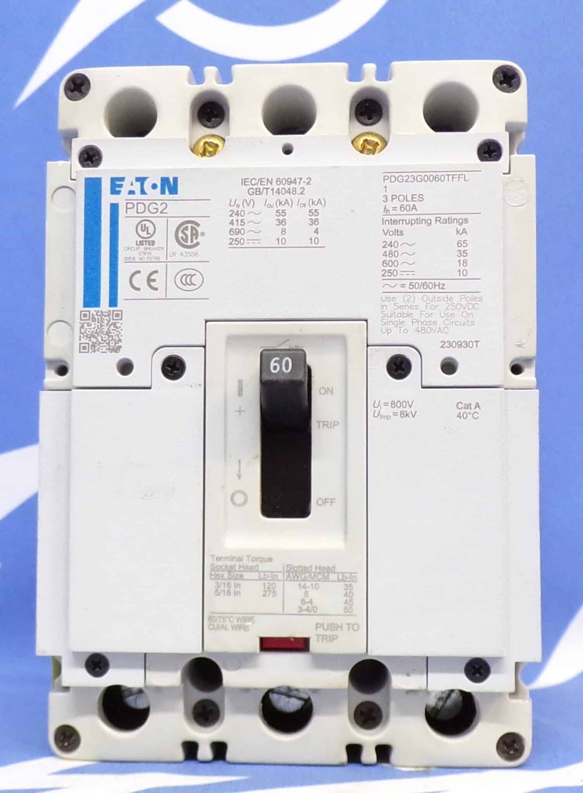 EATON CIRCUIT BREAKER PDG23G0060TFFL 60A 600V 3P 1YR WARRANTY