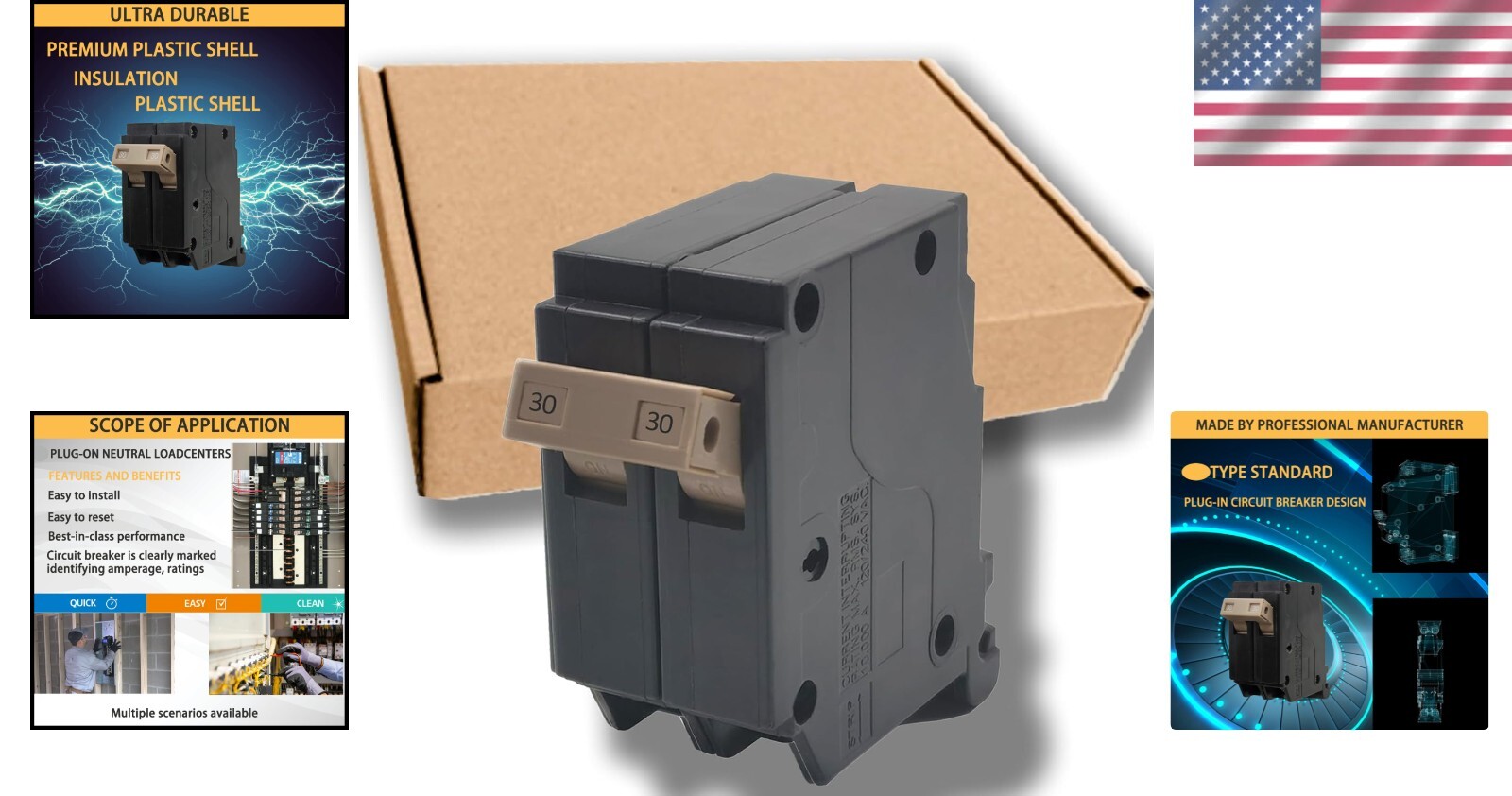 Reliable 30 Amp Circuit Breaker 2-Pole Plug-In Type, Fireproof & Durable Design