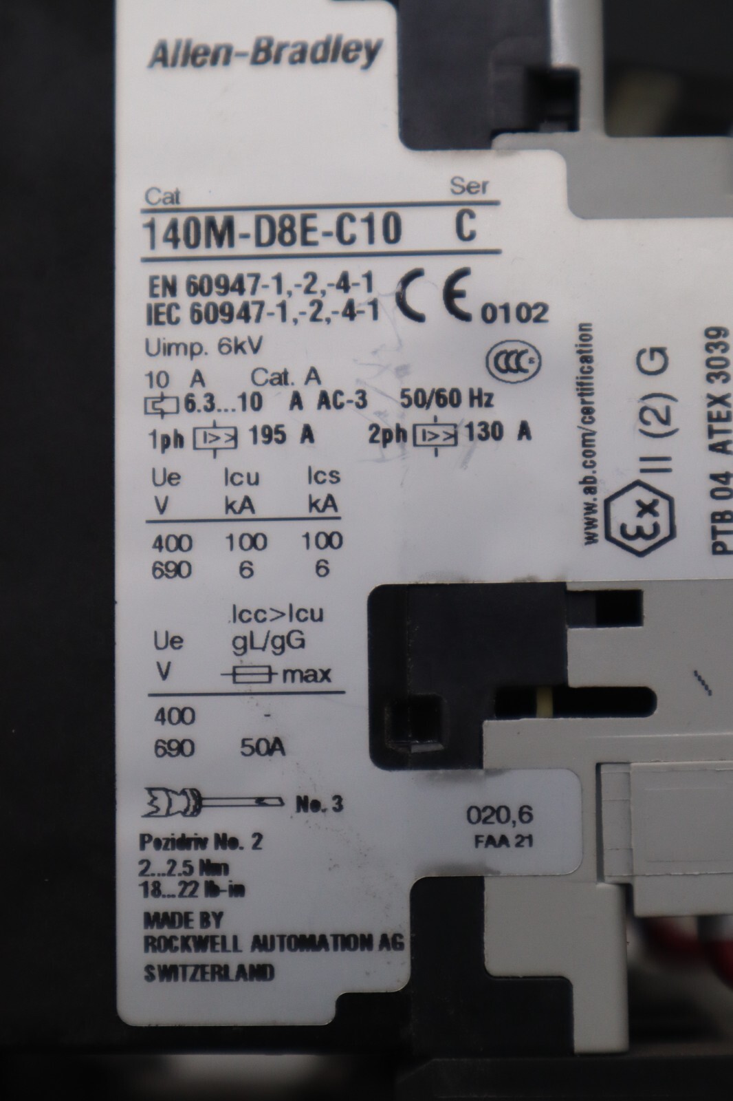 ALLEN BRADLEY 140M-D8E-C10 CIRCUIT BREAKER WITH 100-C30*00 CONTACTOR #4823-A