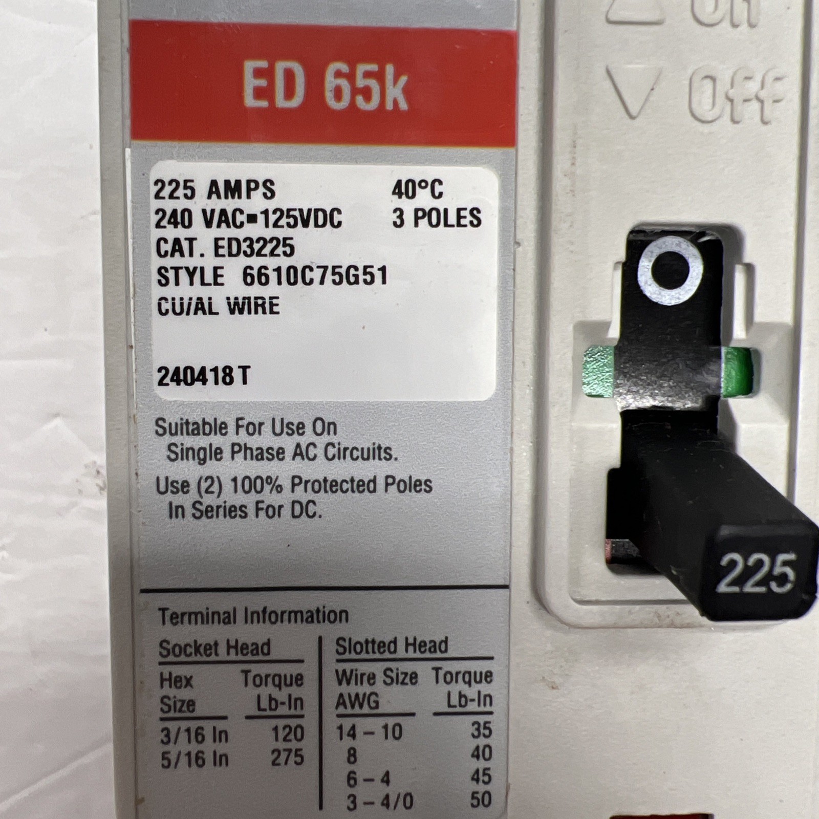 NIB – Eaton 225A 240V – ED3225 3 Pole, 65k Circuit Breaker