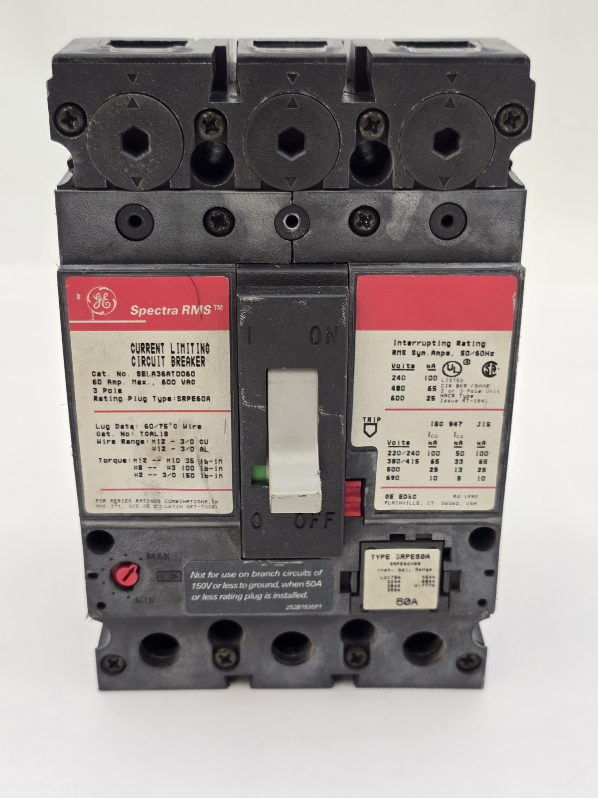 General Electric SELA36AT0060 Bolt On Circuit Breaker 60A 600VAC 3P 25 kA Trip