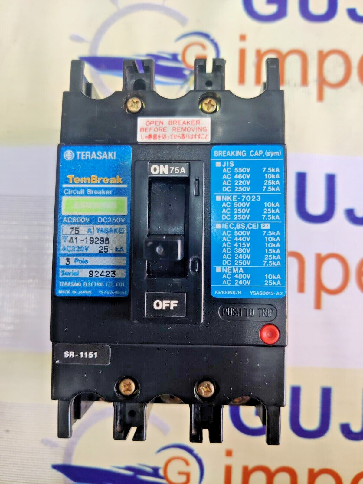 TERASAKI TEMBREAK XE100NS 75A 3POLE 25KA AC600V DC250V CIRCUIT BREAKER