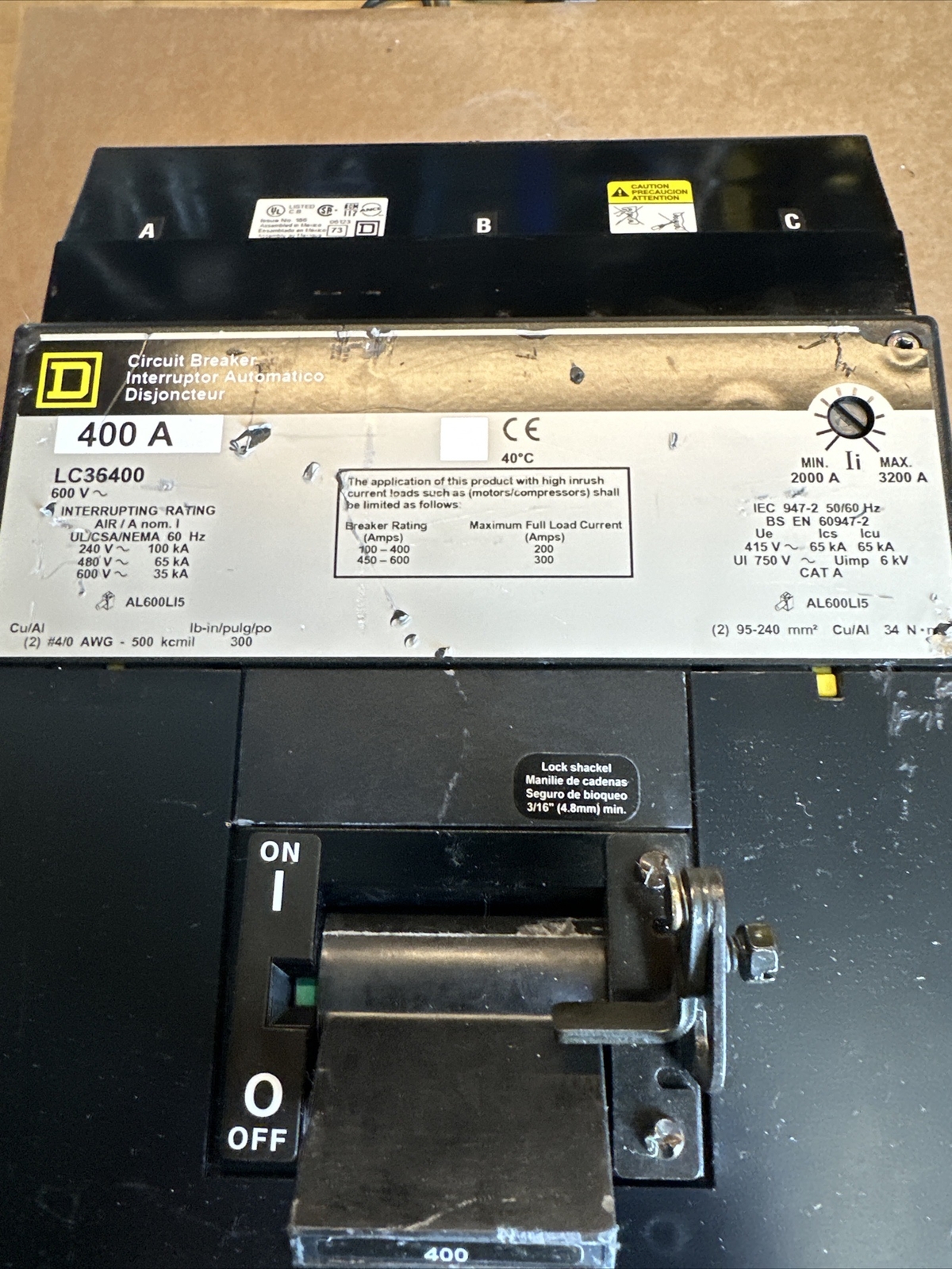 Square D LC36400 3 Pole 400 Amp I-Line Circuit Breaker