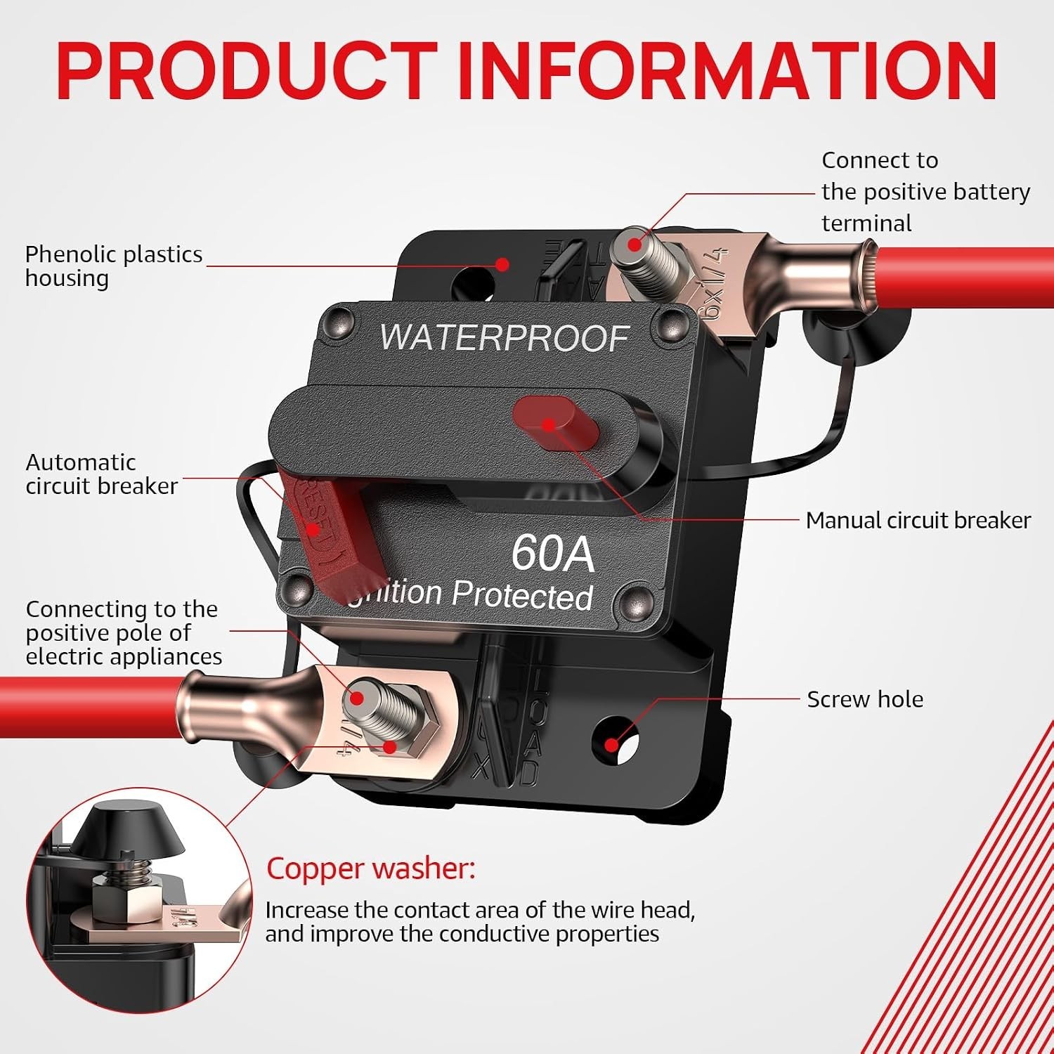 60 Amp Circuit Breaker Waterproof Manual Reset Switch Marine ATV Trailer 12V-48V