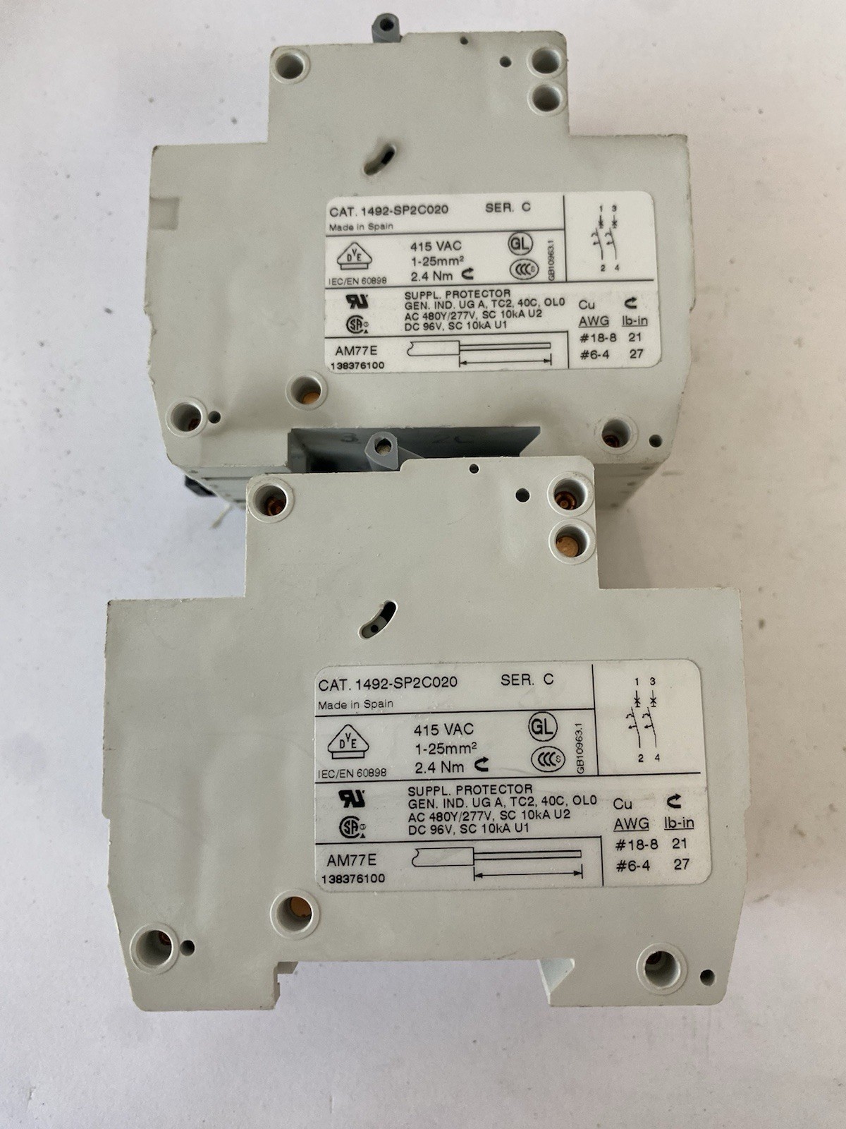 Lot Of 2 ALLEN BRADLEY 1492-SP2C020 SERIES C 2A CIRCUIT BREAKER