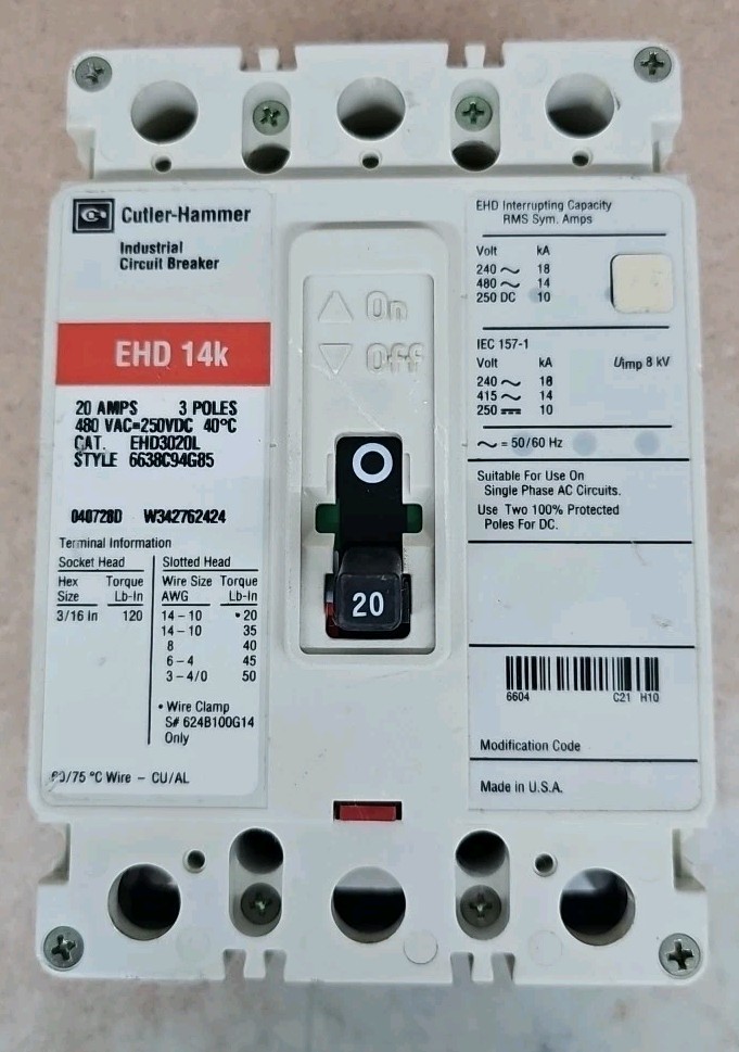 Eaton Cutler Hammer EHD3020L Circuit Breaker 3 Pole 20 Amp 480 Volt See Pics