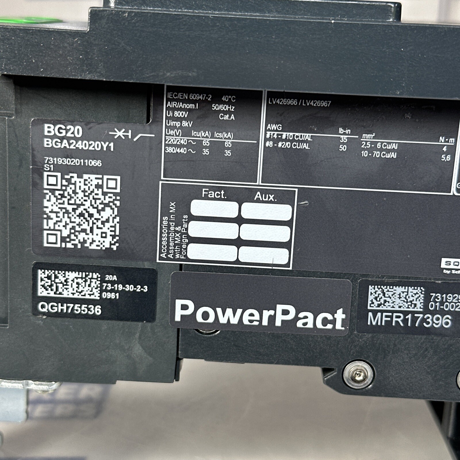 Square D BGA24020Y1 20 Amp 480/277V 2 Pole Circuit Breaker-Warranty (New No Box)