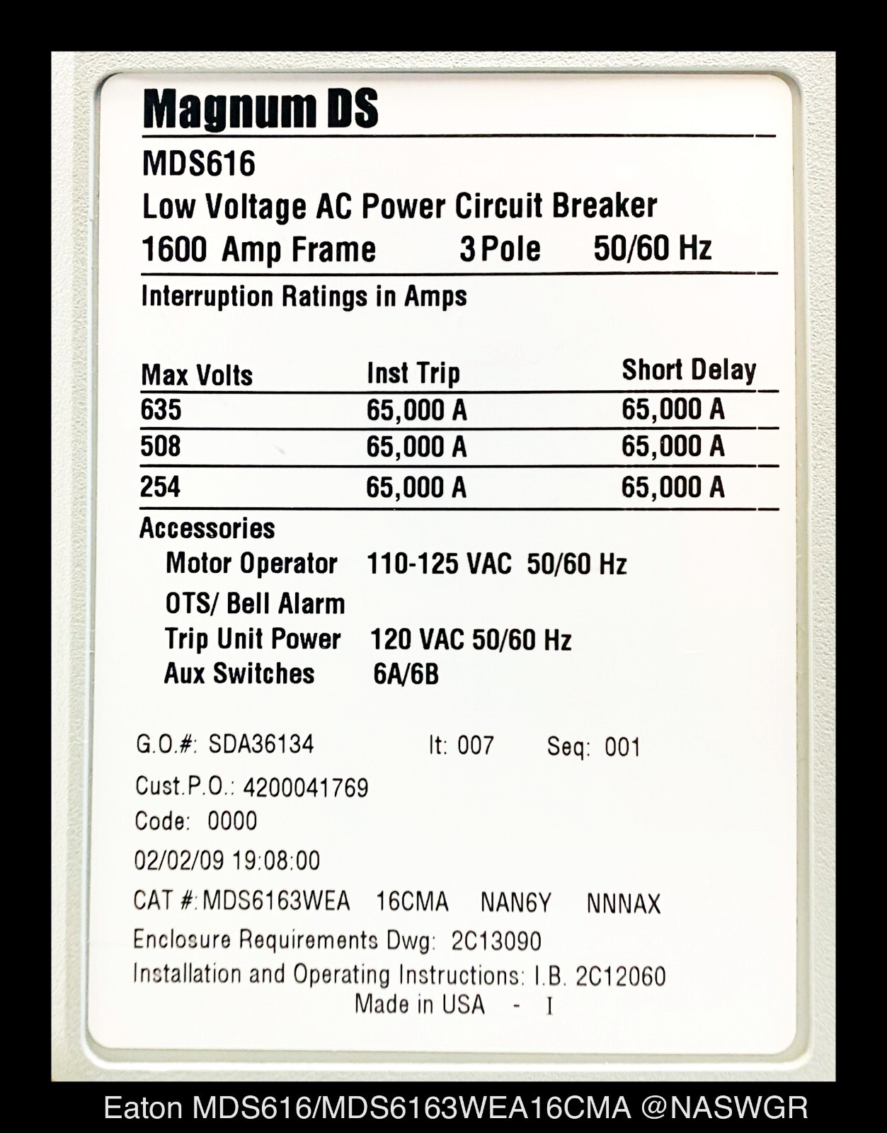Eaton Magnum DS MDS616 Breaker (E/O,D/O) ~ 1600 Amp – Unused/1Yr Warranty