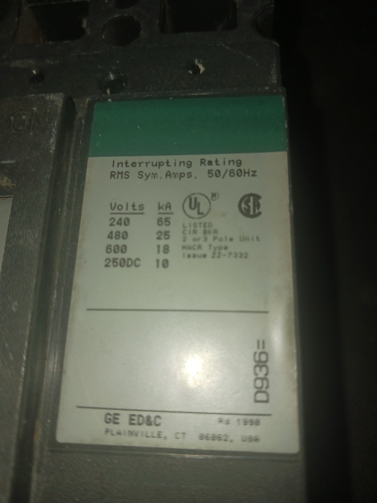 GE HI-BREAK THED136045 BREAKER 45A 600V 3P