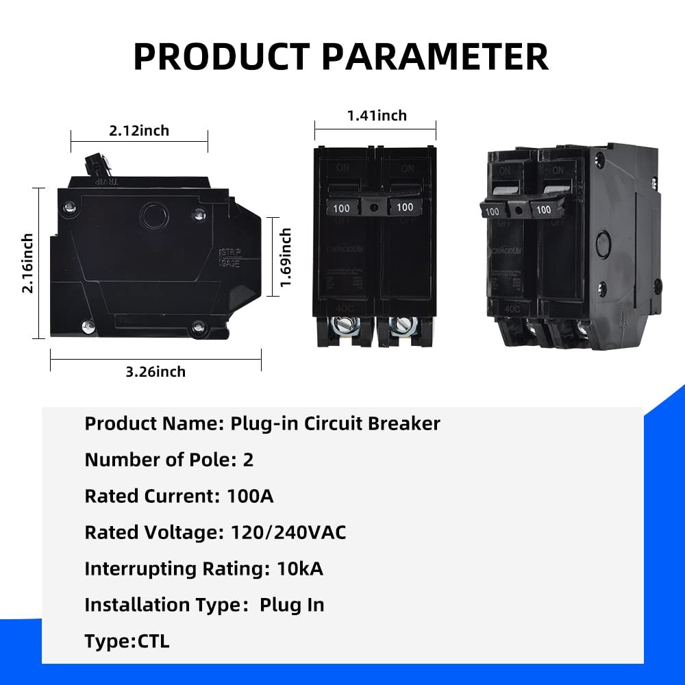 100 Amp Breaker, 2 Pole Circuit Breaker 120/240VAC 10KA Plug-in Mount