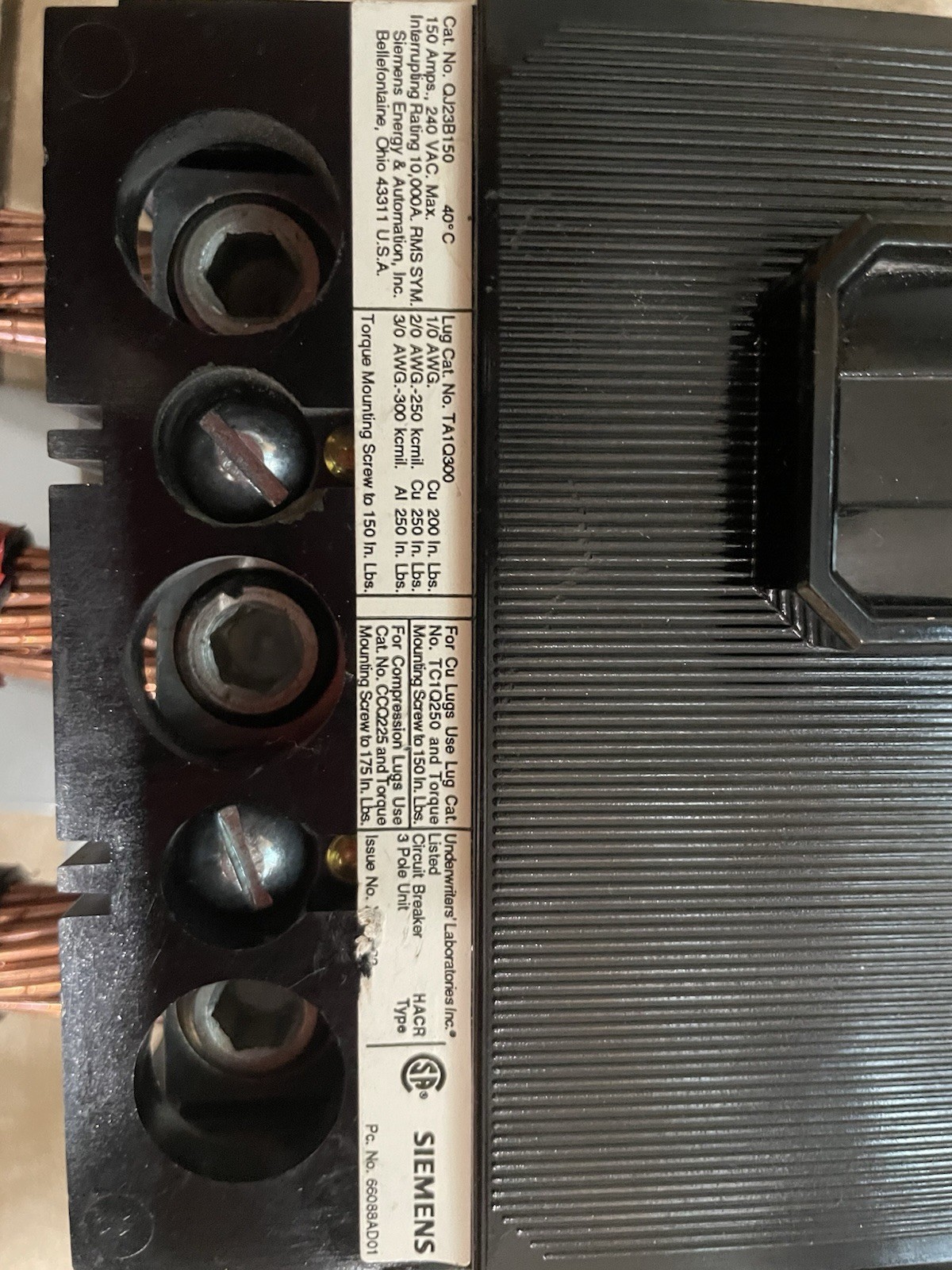 SIEMENS QJ23B150 150A 3 Pole Circuit Breaker 240VAC Industrial HACR