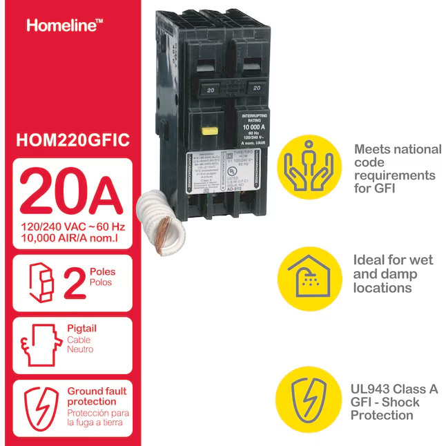 Square D HOM220GFIC HomeLine 20Amp 2-Pole Circuit Breaker
