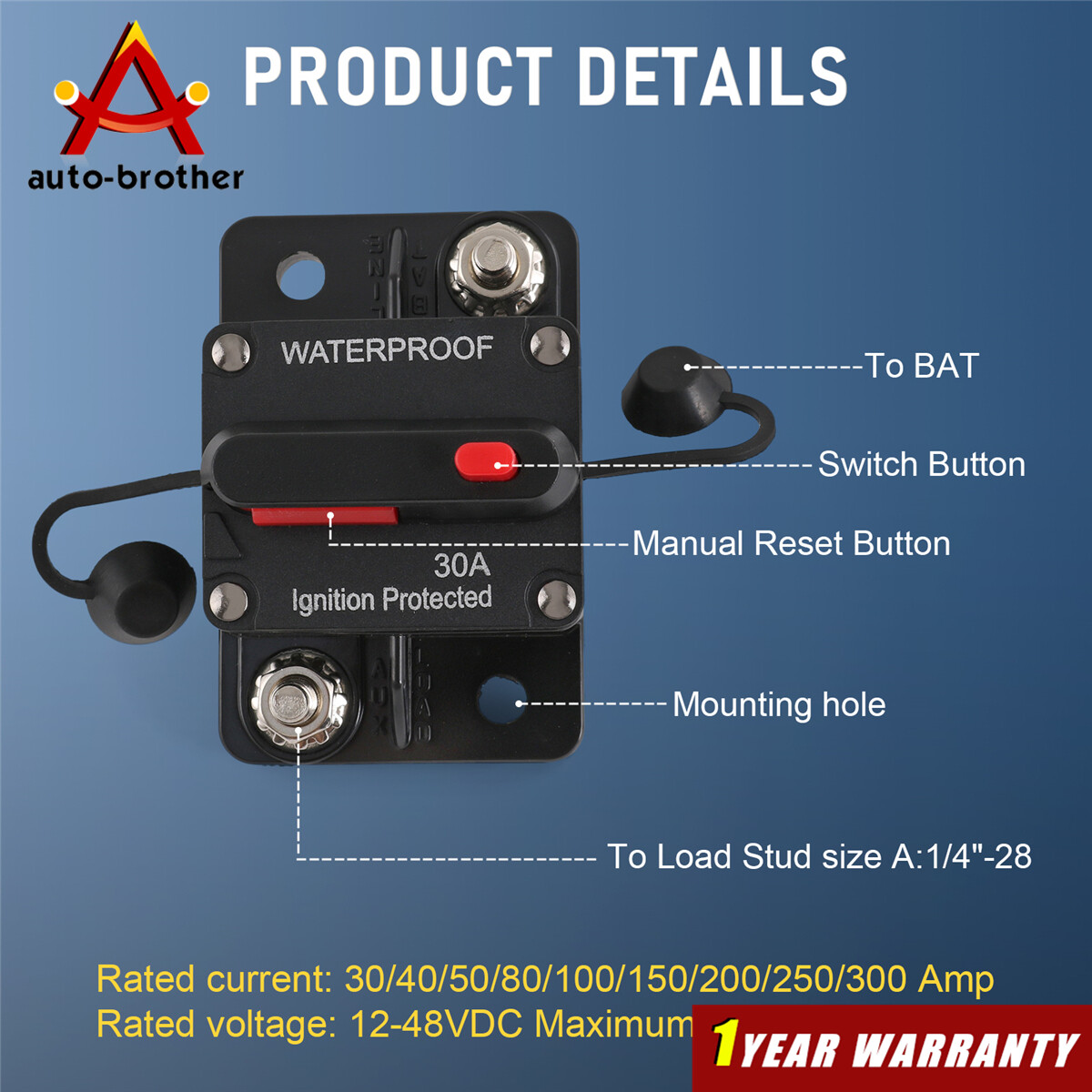 Manual Reset Switch Circuit Breaker Audio Fuse 30A-300A Amp 12V-48V DC Car Boat