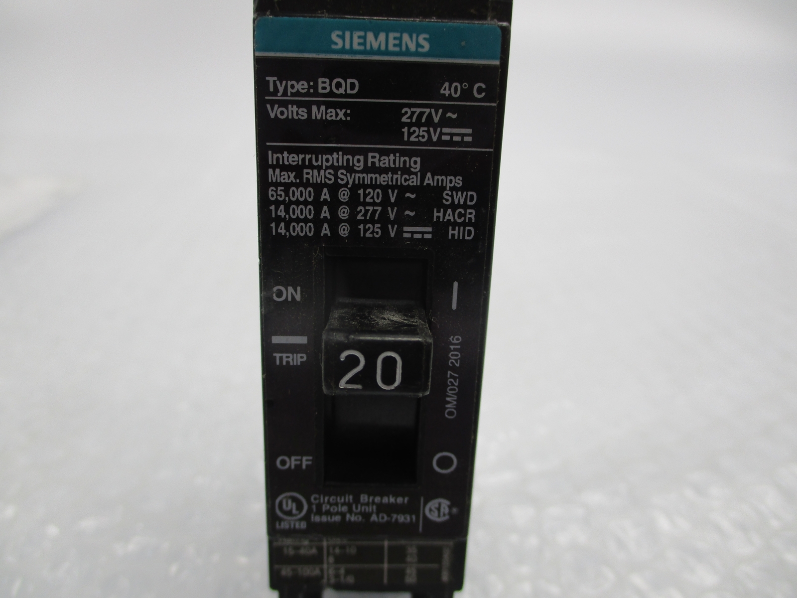 SIEMENS BQD120 BREAKER 1POLE 20AMPS UNMP