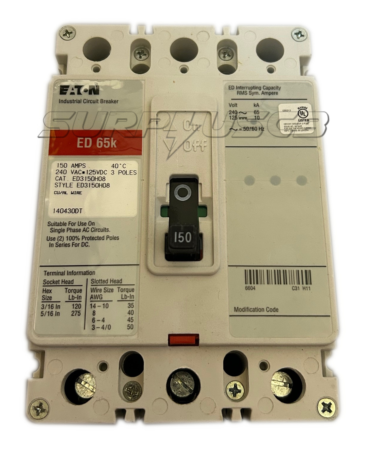 Eaton ED3150H08 Circuit Breaker, Marine Use, 50°C Rated, 150 Amp, 3-Pole, 240Vac