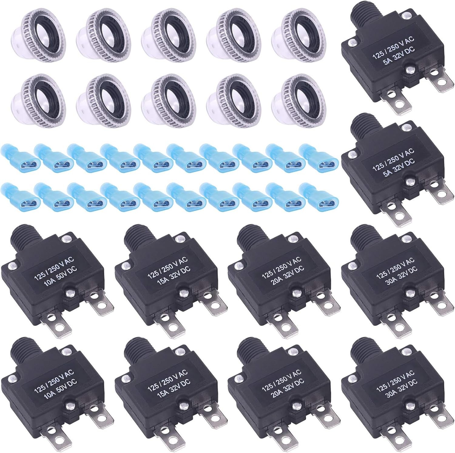 30 Pcs Push Button Reset Circuit Breaker Assorted Set with Quick Size: 5A-30A