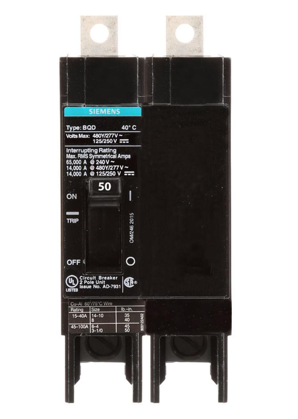 BQD250 – Siemens 50 Amp 2 Pole 480 VAC Molded Case Circuit Breaker 14 kA Interru