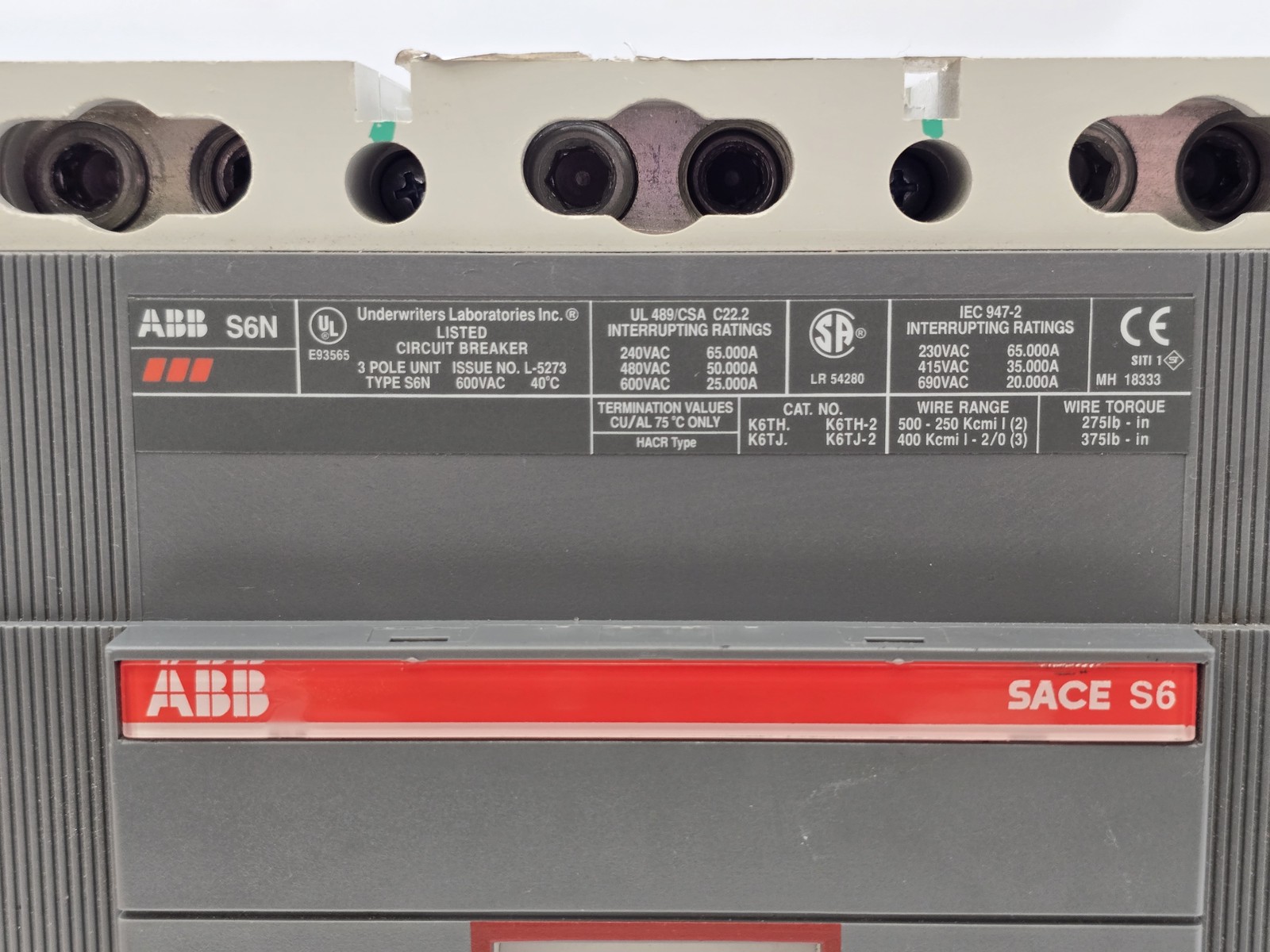 ABB S6N600BH0ASB Sace S6 Bolt On Circuit Breaker 600A 600VAC 3P HACR Shunt Trip