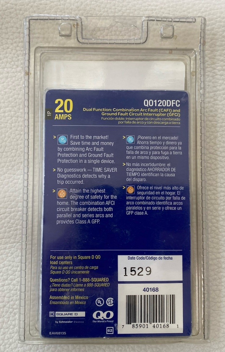 Square D QO120DFC Dual Function Circuit Breaker CAFI & GFI 20A 120VAC